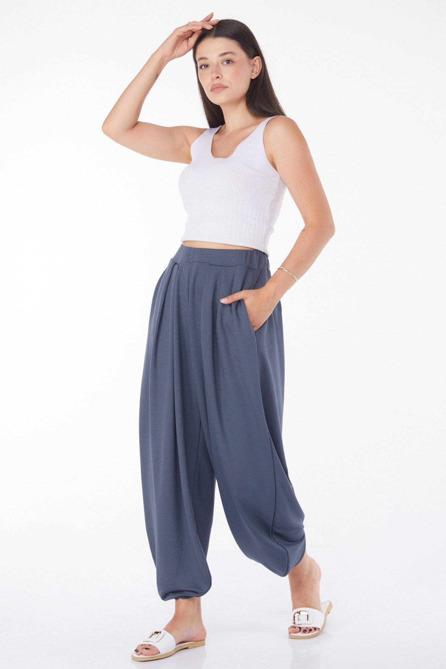 Düz Orta Kadın Füme Şalvar Pantolon - 25920 - 1
