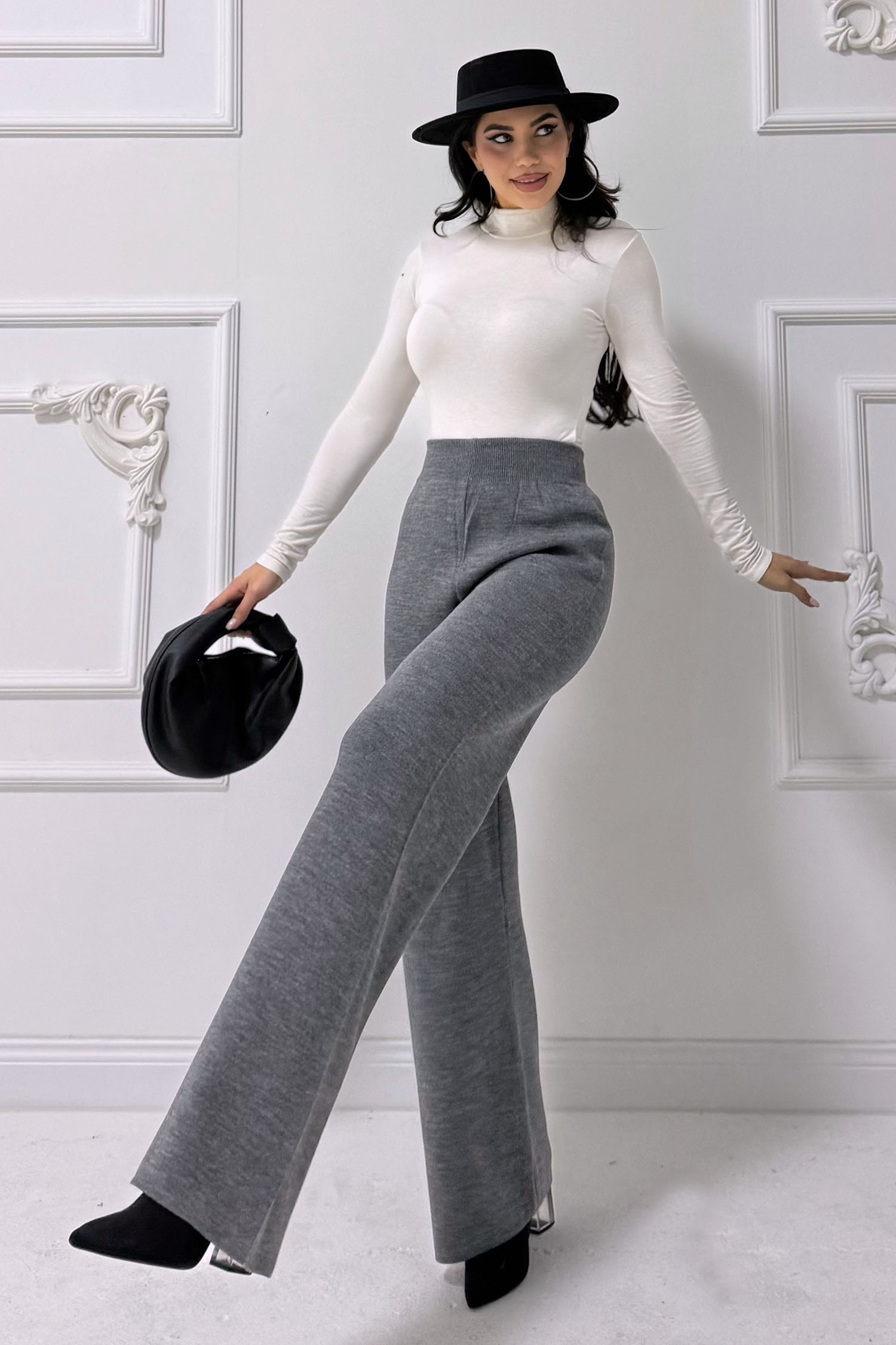Düz Orta Kadın Füme Triko Pantolon - 24160 - 2