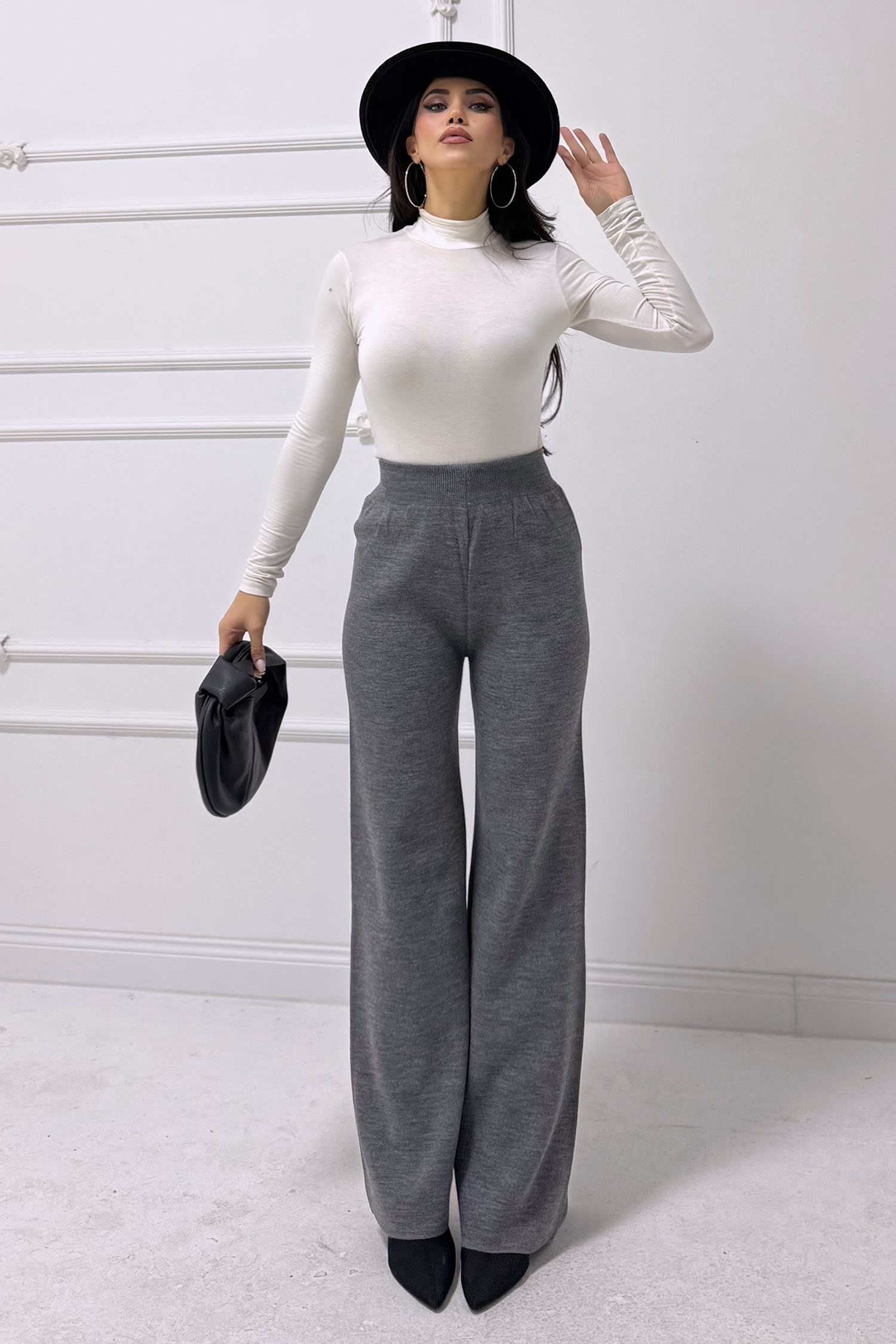 Düz Orta Kadın Füme Triko Pantolon - 24160 - 3