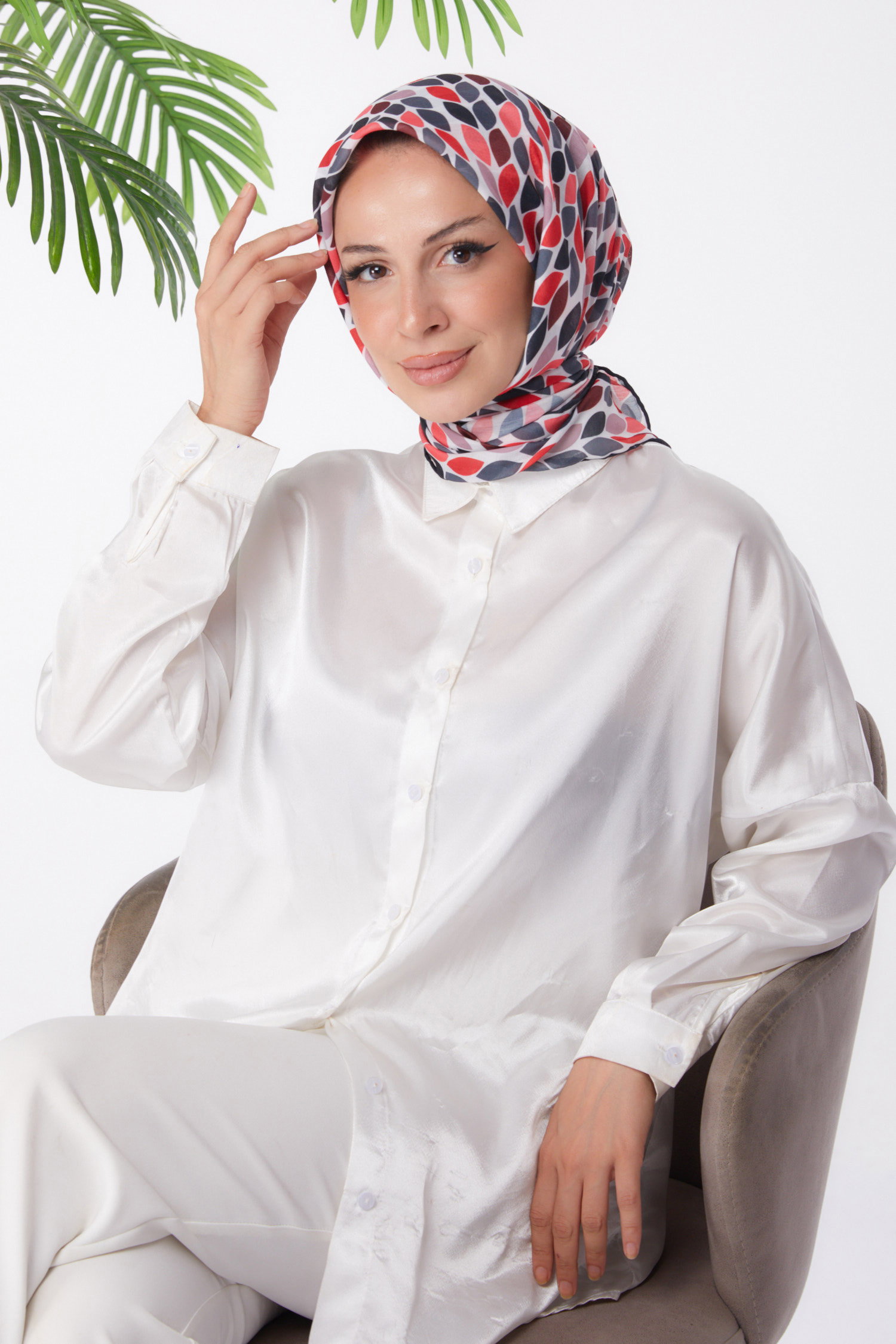 Düz Orta Kadın Fusya Desenli Eşarp - 25971 - 1