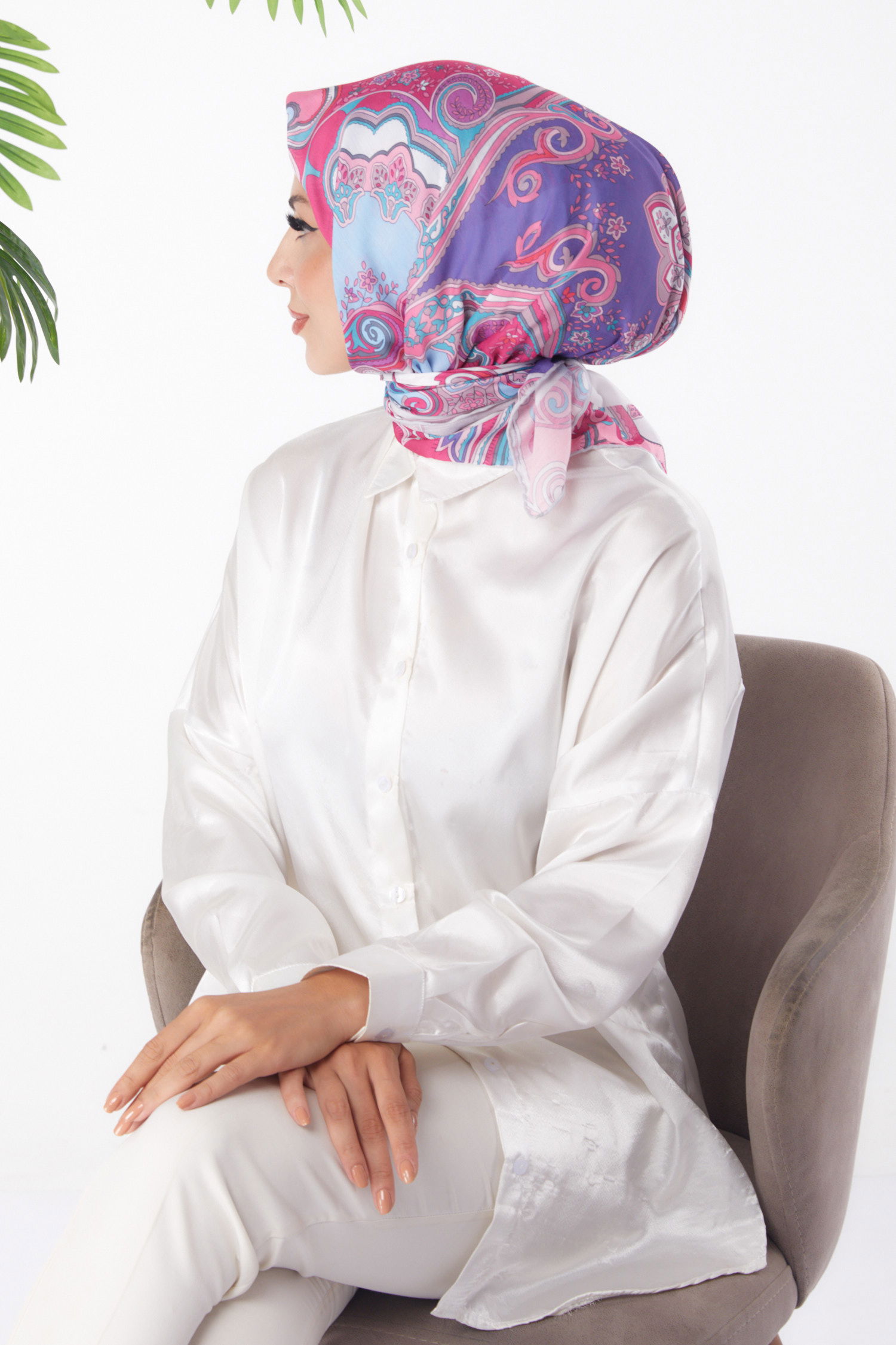 Düz Orta Kadın Fusya Desenli Eşarp - 25973 - 3