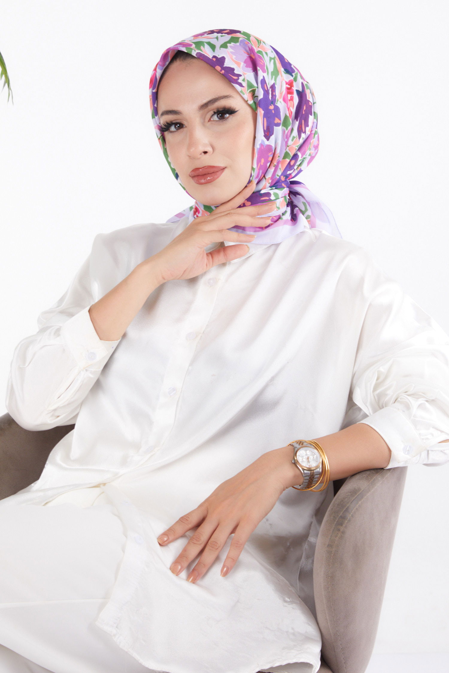 Düz Orta Kadın Fusya Desenli Eşarp - 26153 - 6