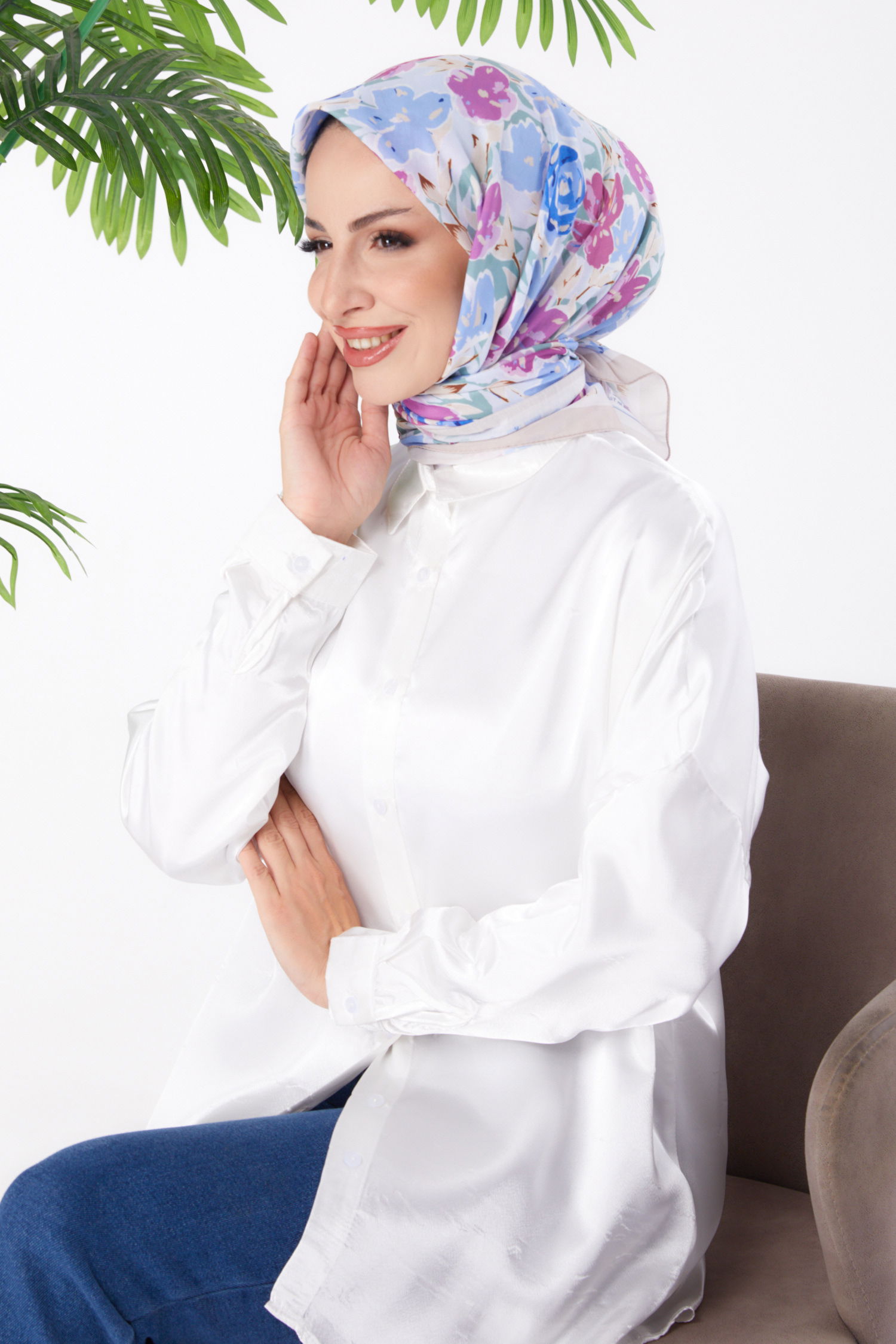 Düz Orta Kadın Fusya Desenli Eşarp - 26153 - 1