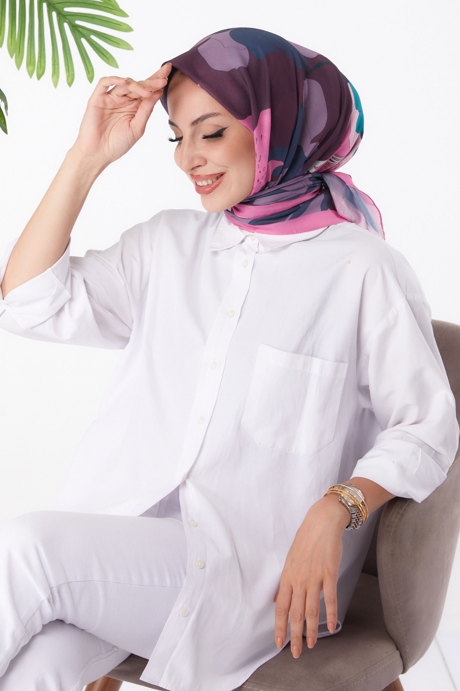 Düz Orta Kadın Fusya Desenli Eşarp - 26158 - 1