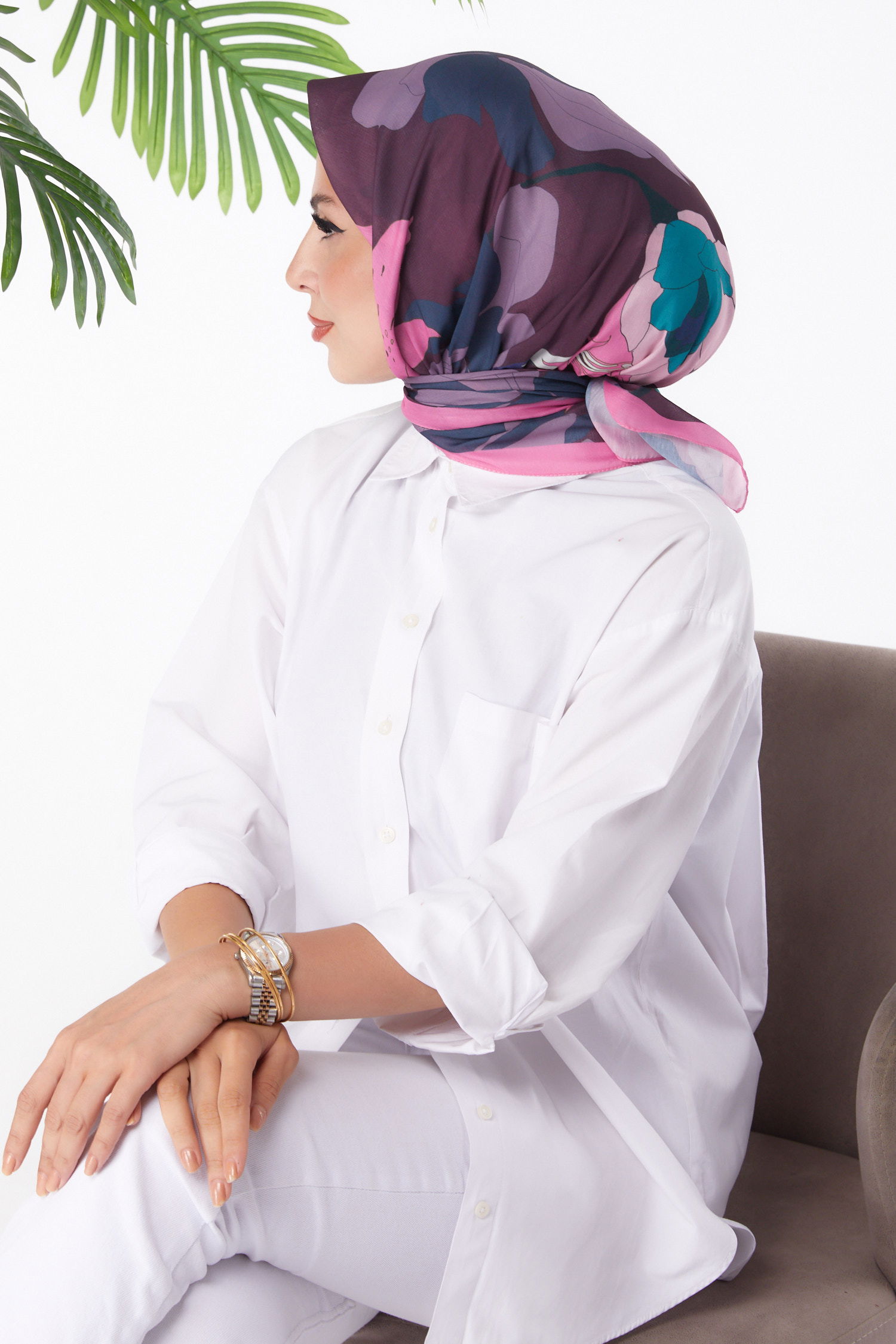 Düz Orta Kadın Fusya Desenli Eşarp - 26158 - 3