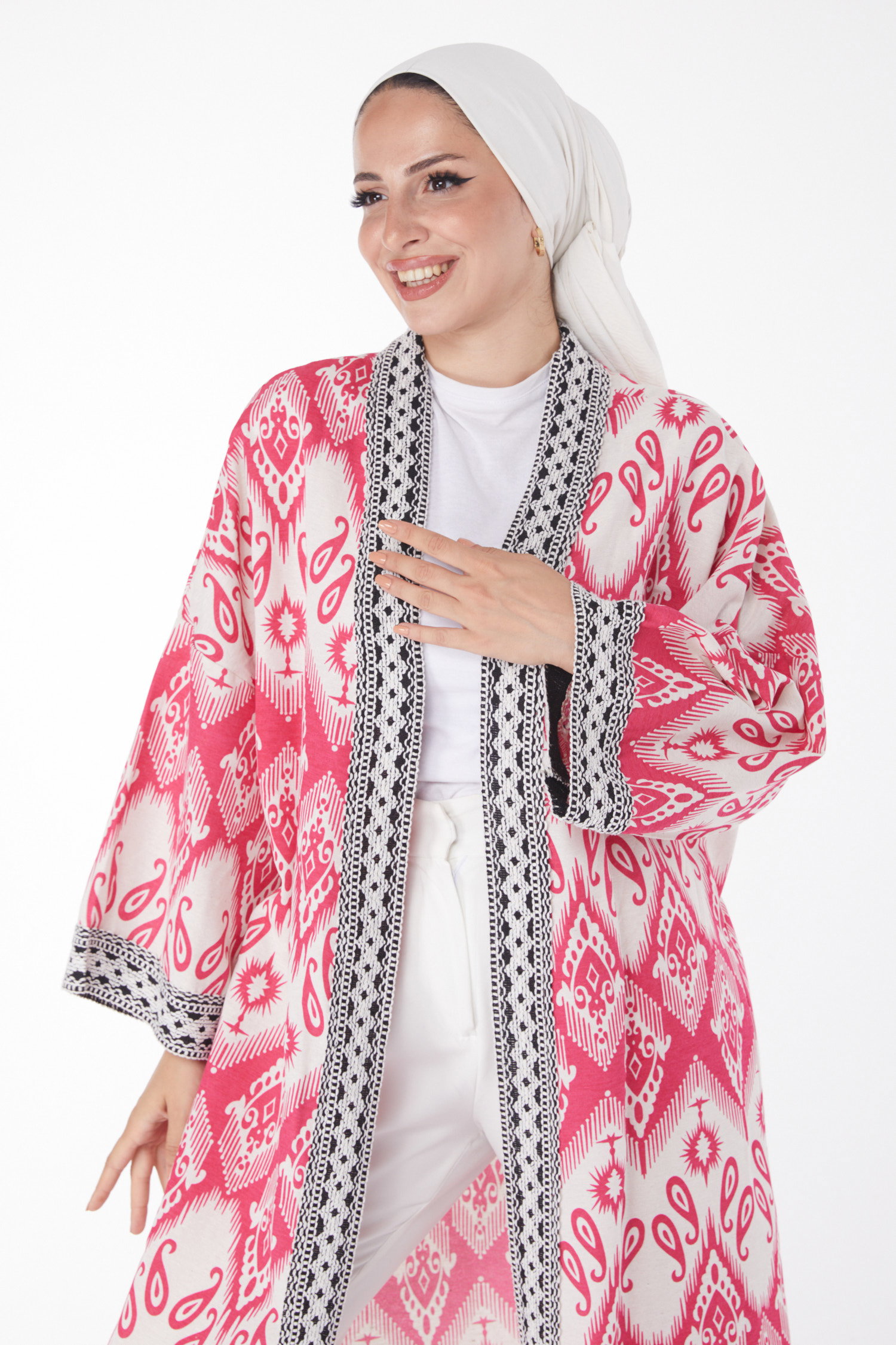 Desenli Kimono Fuşya - 13231 - 2