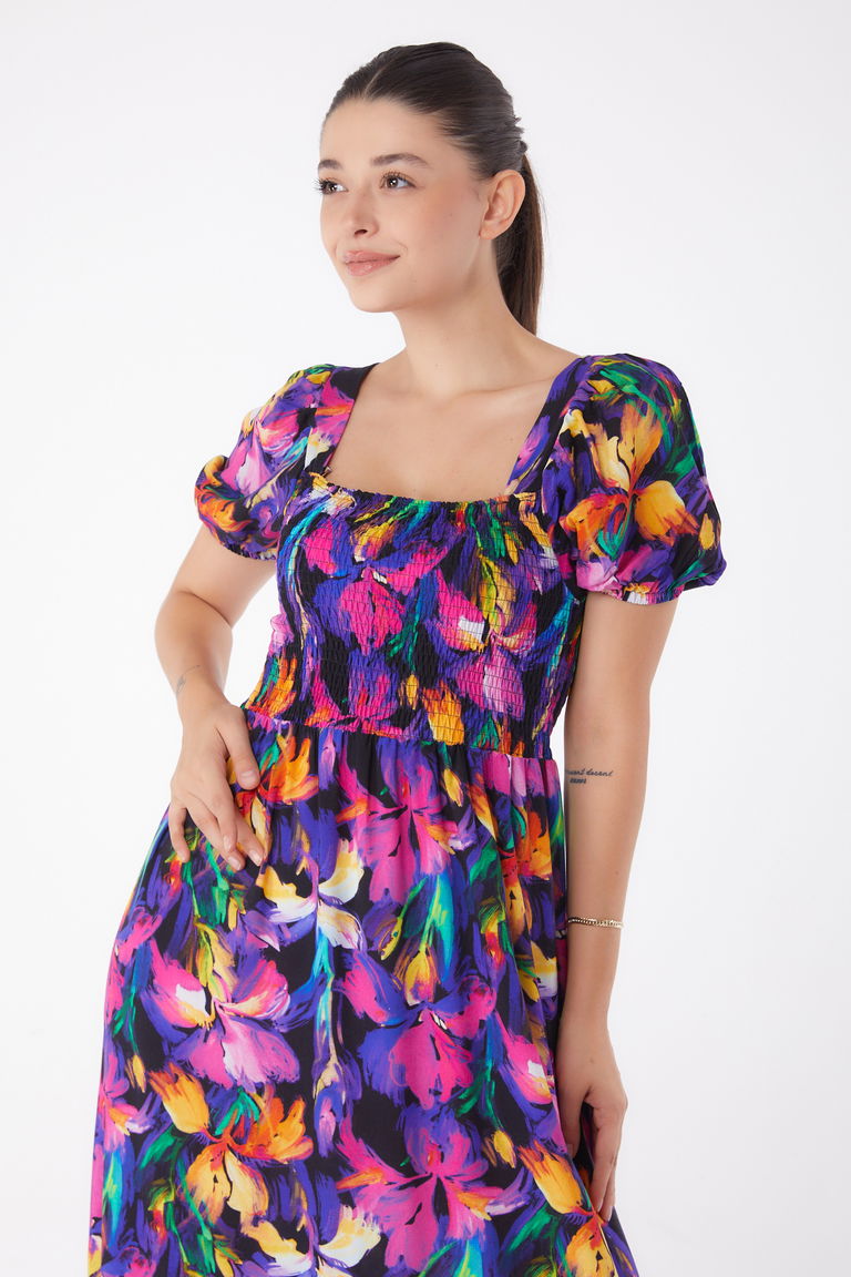 Gipeli Kısa Kollu Elbise Fuşya - 13262 - TOFİSA