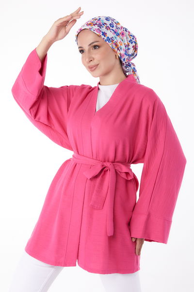 Düz Orta Kadın Fuşya Kuşaklı Kimono - 26129 