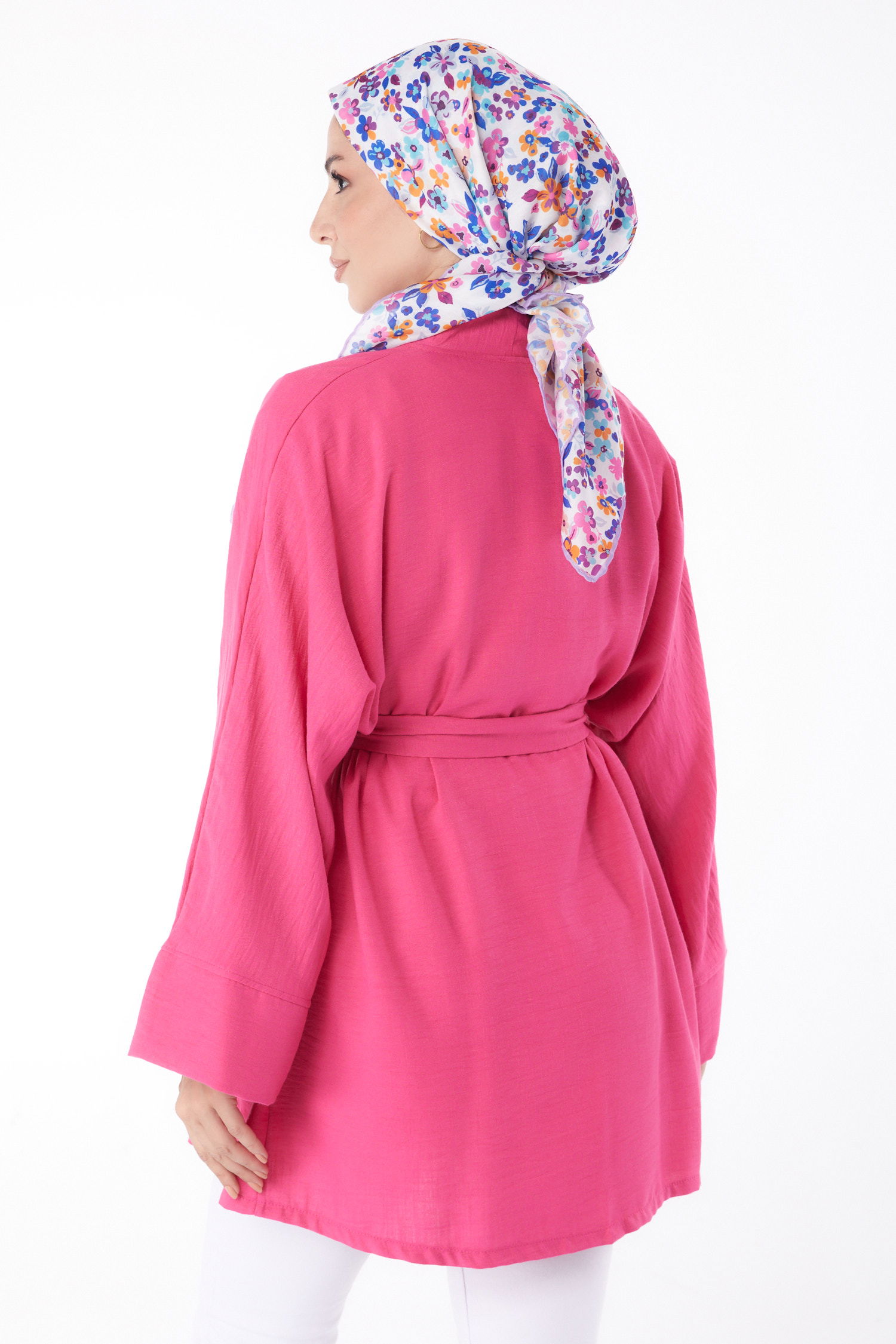 Düz Orta Kadın Fuşya Kuşaklı Kimono - 26129 - 4