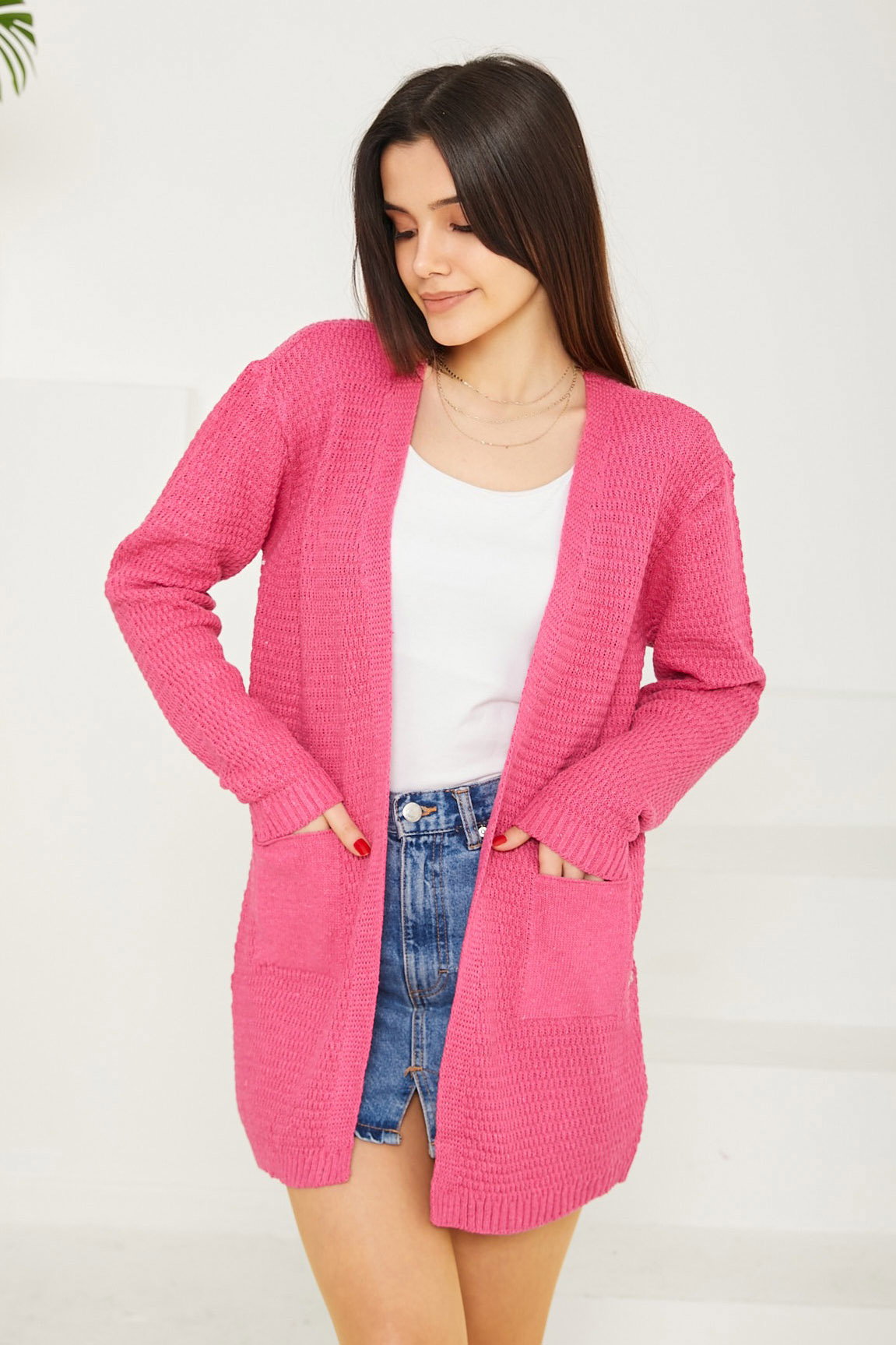 Düz Orta Kadın Fusya Triko Hırka - 26694 - 1