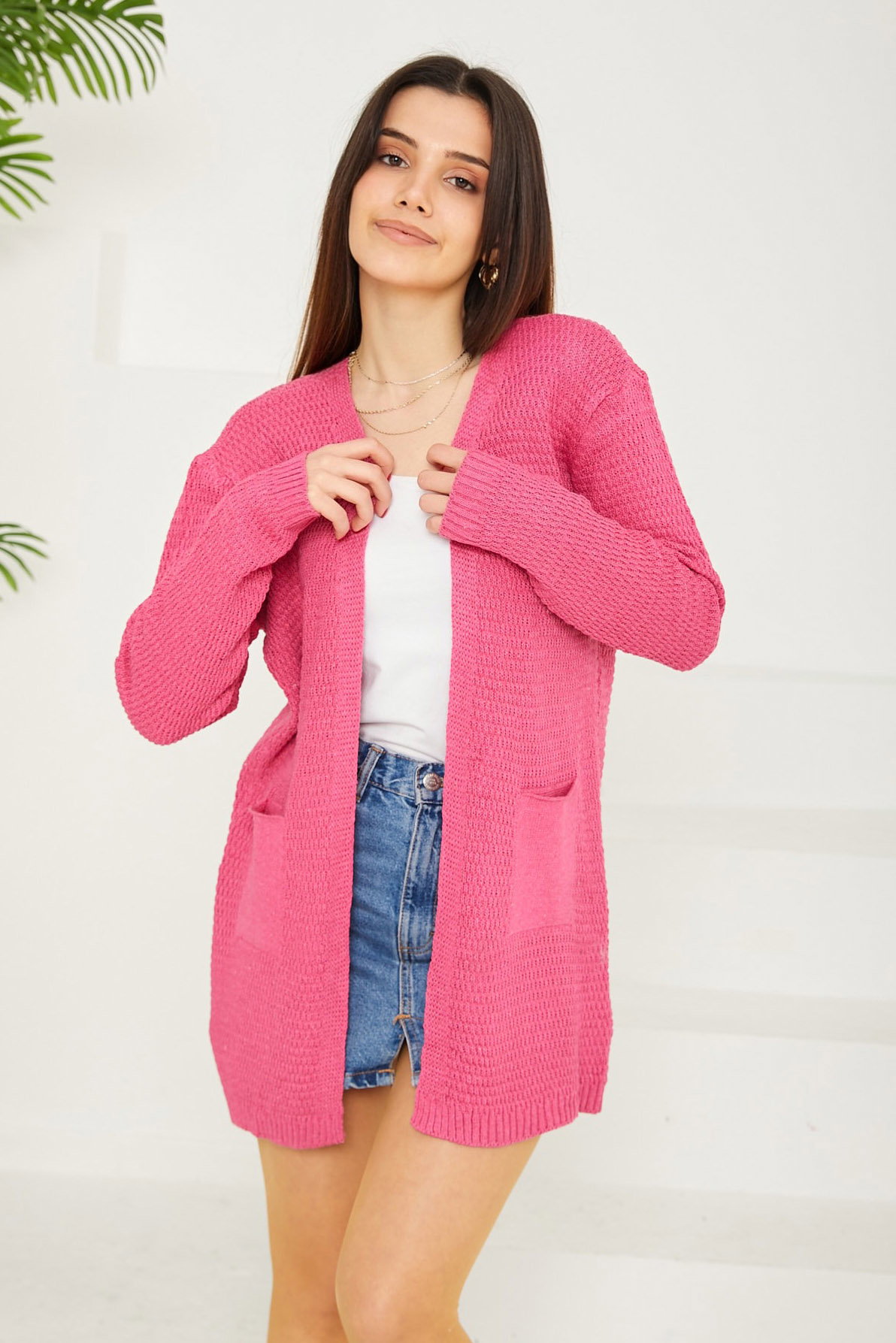 Düz Orta Kadın Fusya Triko Hırka - 26694 - 2