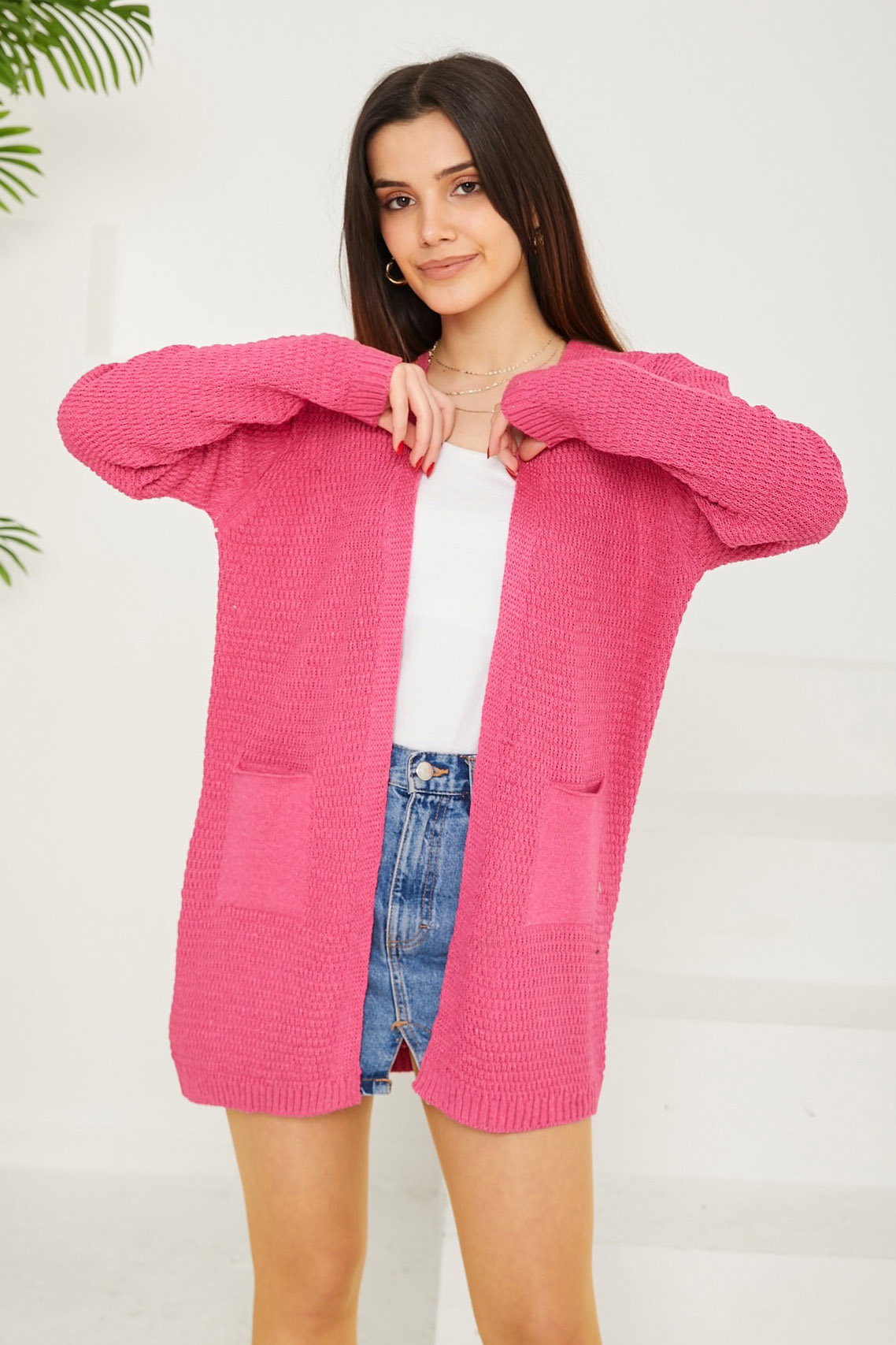 Düz Orta Kadın Fusya Triko Hırka - 26694 - 4