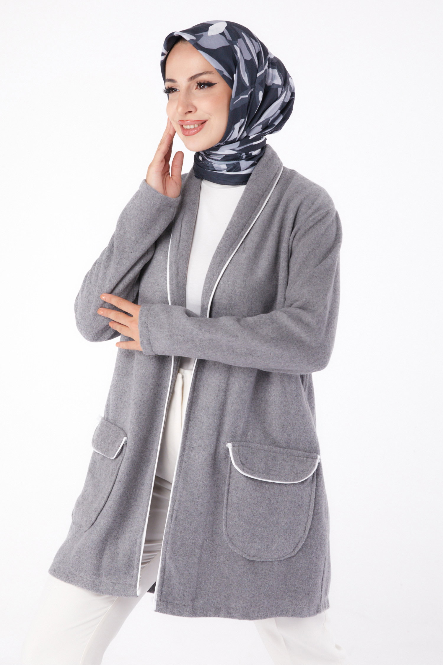Ara biye Detaylı Kaşe Kaban Gri - 13283 - 3