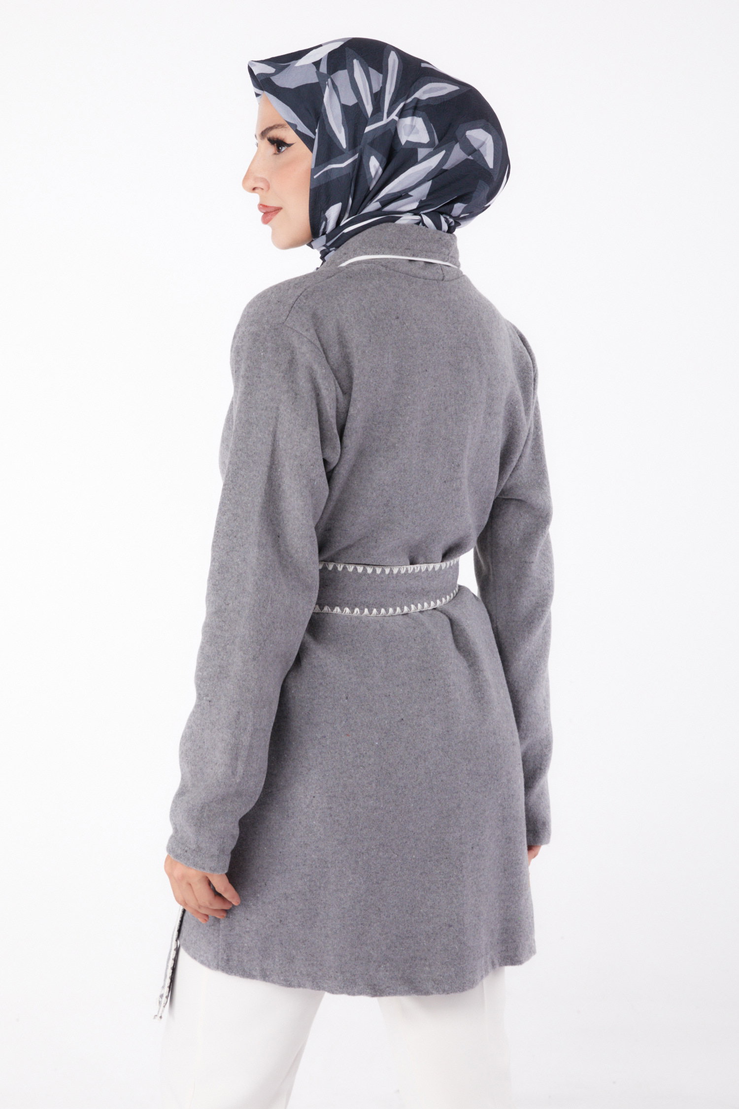 Ara biye Detaylı Kaşe Kaban Gri - 13283 - 5