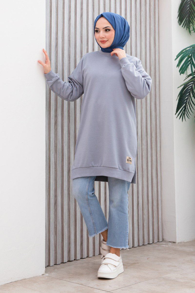 Düz Orta Kadın Gri Armalı Tunik - 26568 - 4