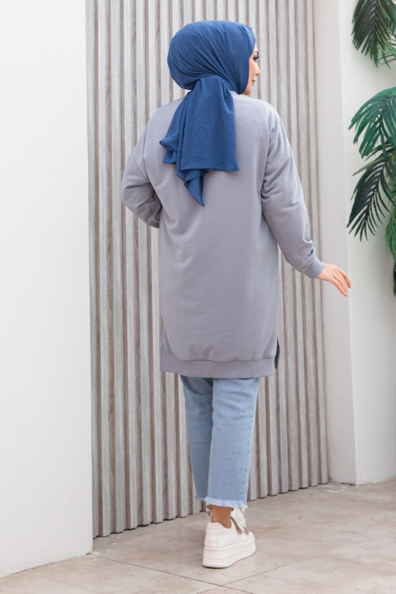 Düz Orta Kadın Gri Armalı Tunik - 26568 - 5