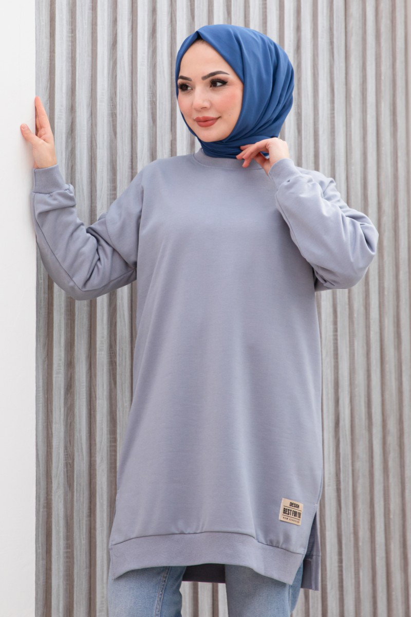 Düz Orta Kadın Gri Armalı Tunik - 26568 - 1