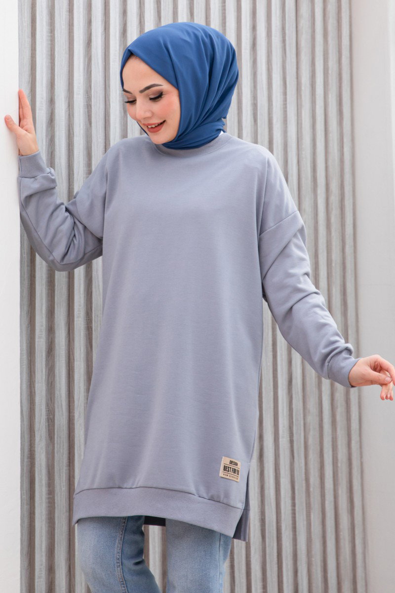 Düz Orta Kadın Gri Armalı Tunik - 26568 - 3