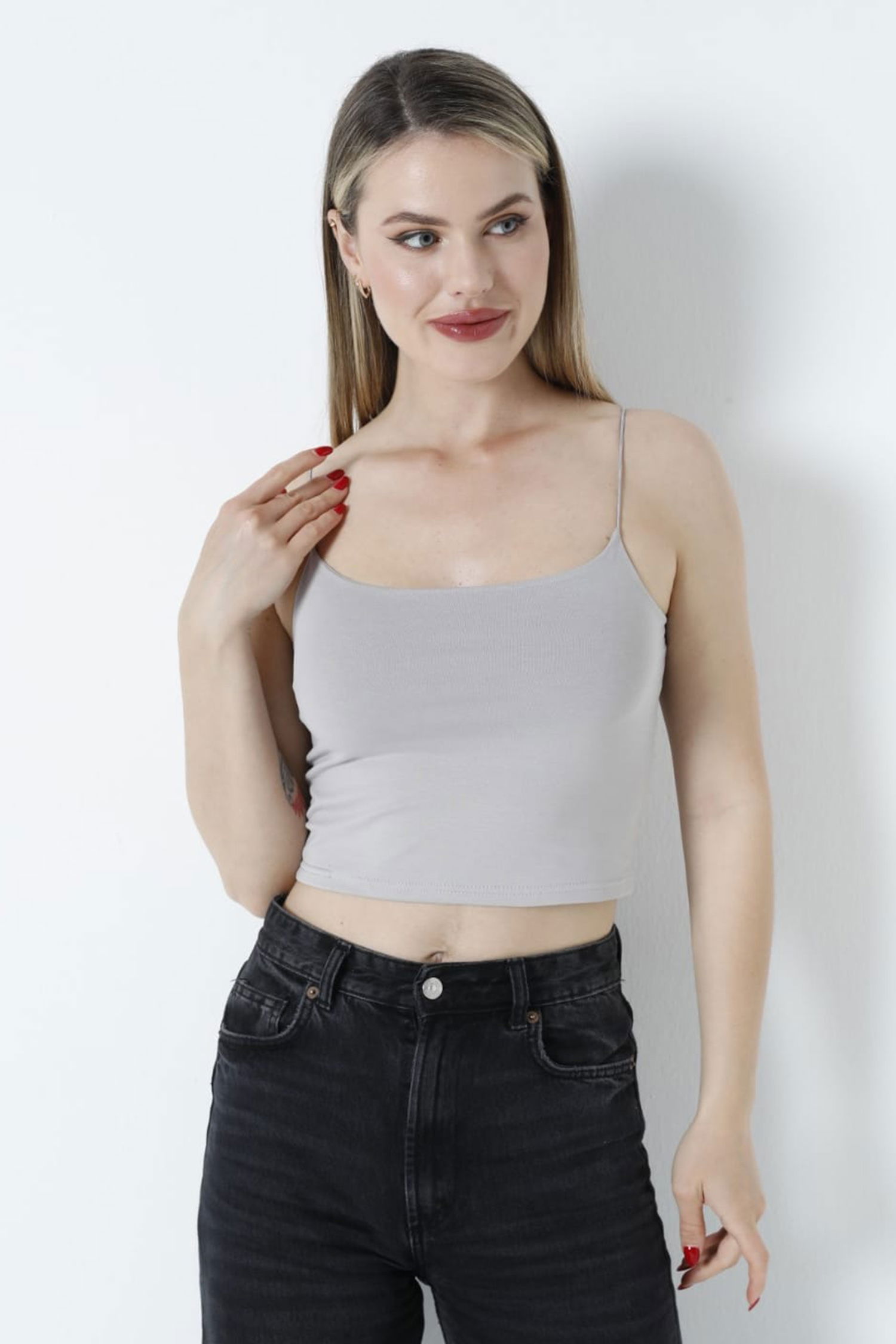 Düz Orta Kadın Gri Atlet Crop - 26344 - 1