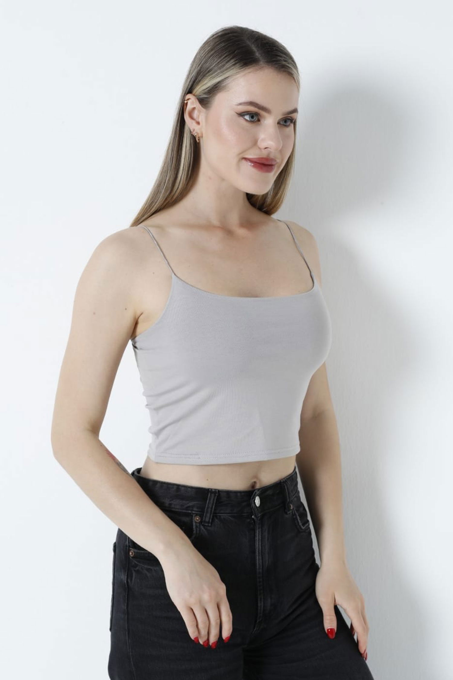 Düz Orta Kadın Gri Atlet Crop - 26344 - 2