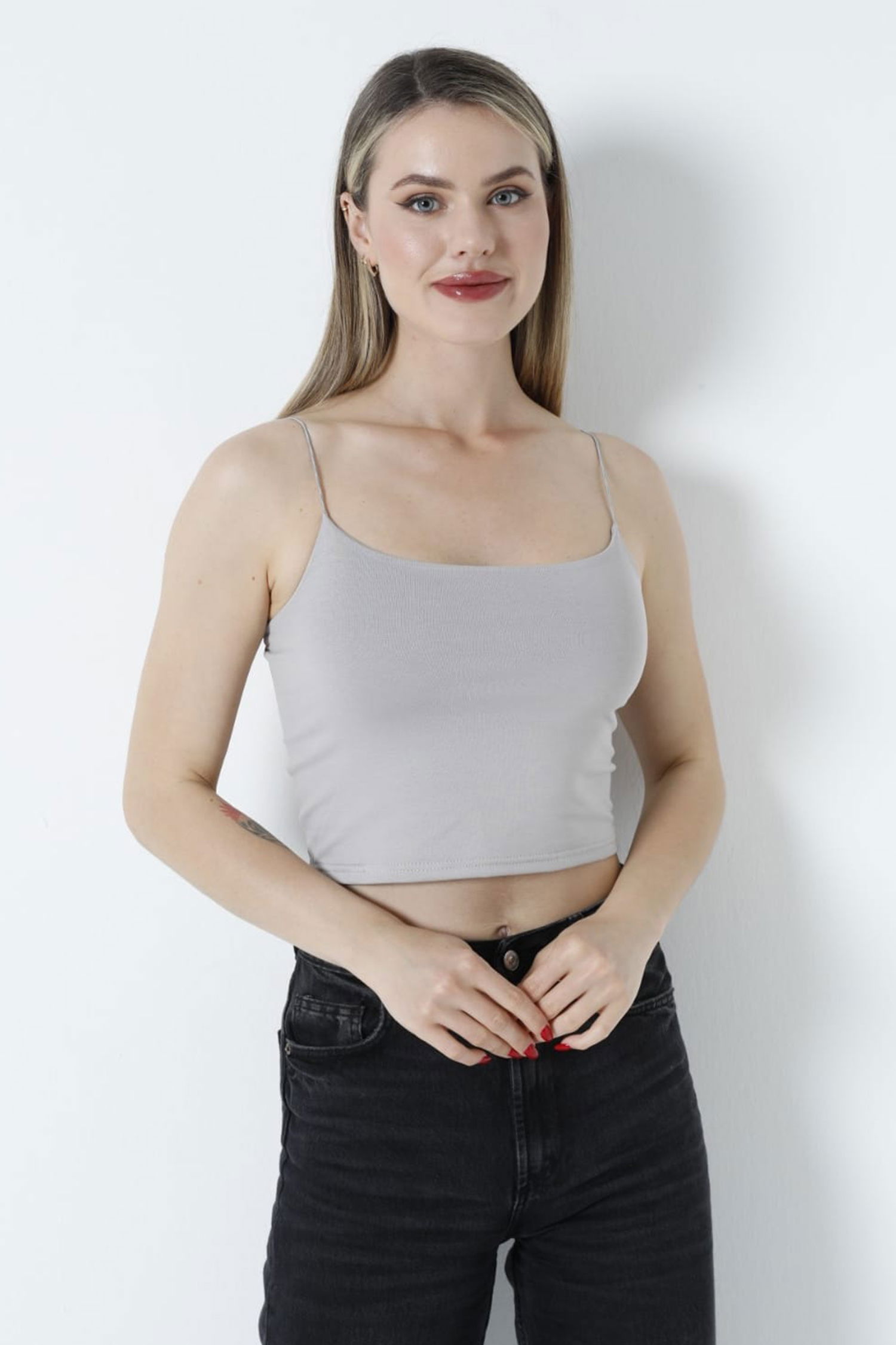 Düz Orta Kadın Gri Atlet Crop - 26344 - 3