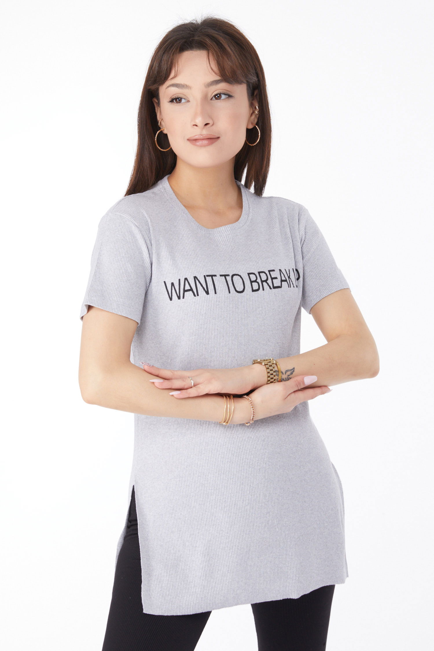 Düz Orta Kadın Gri Baskılı Yırtmaçlı T-shirt - 24791 - 2