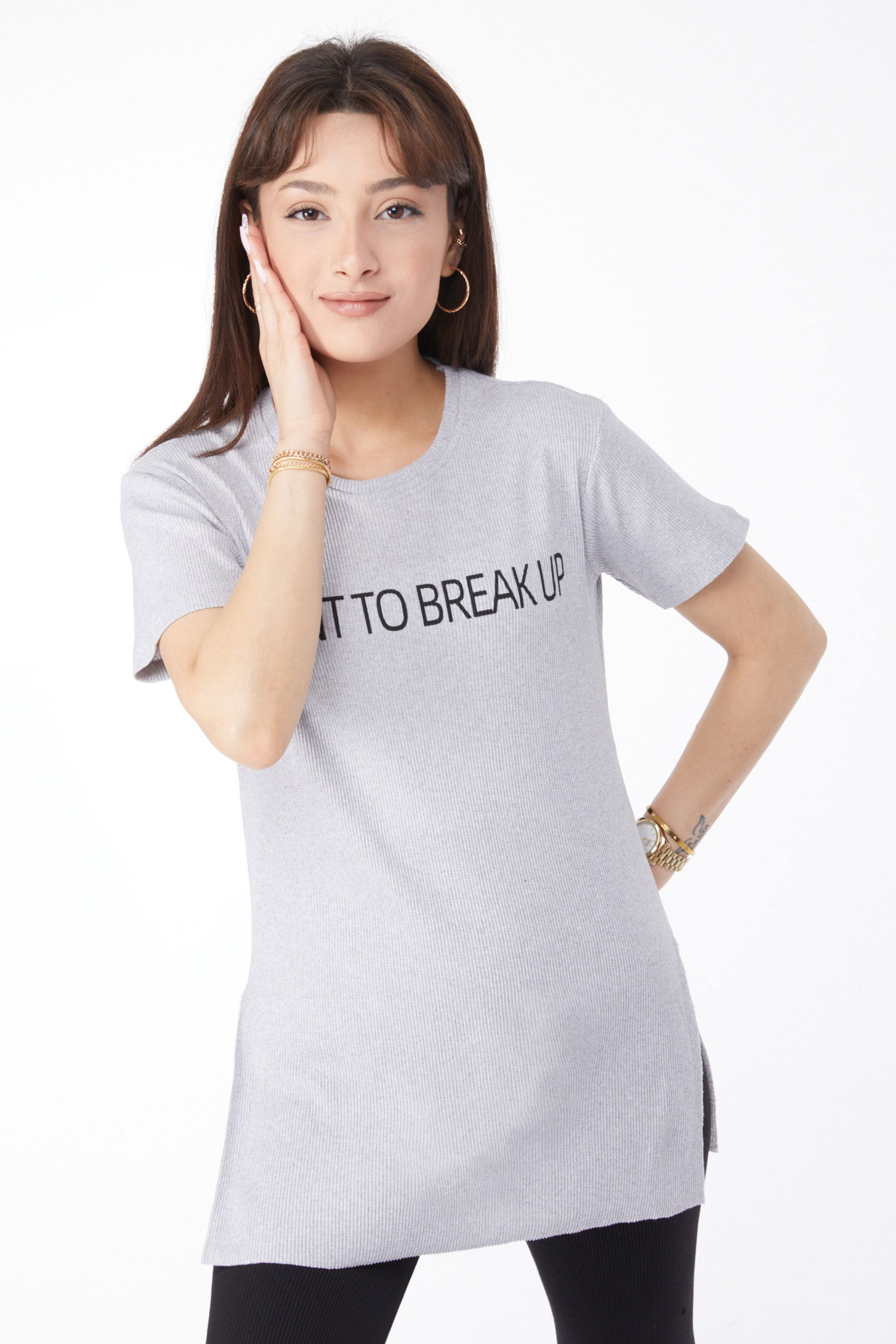 Düz Orta Kadın Gri Baskılı Yırtmaçlı T-shirt - 24791 - 3