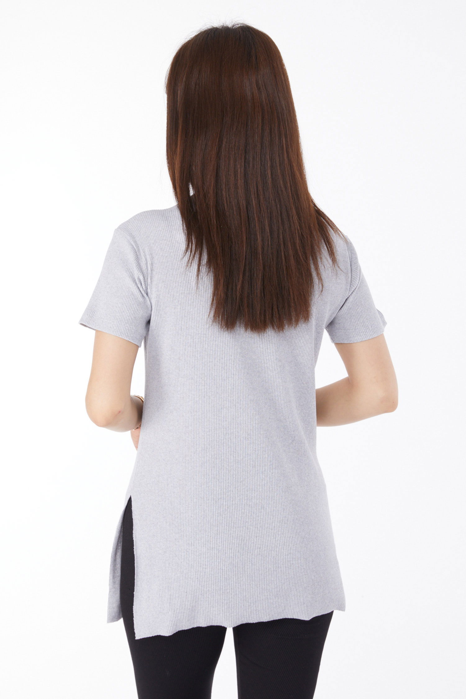 Düz Orta Kadın Gri Baskılı Yırtmaçlı T-shirt - 24791 - 5