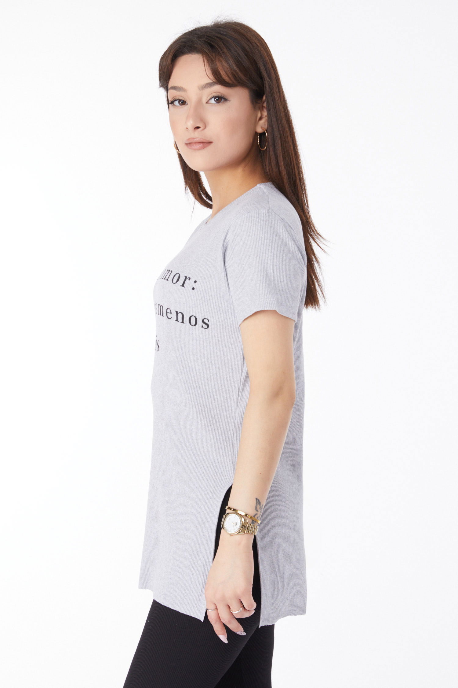 Düz Orta Kadın Gri Baskılı Yırtmaçlı T-shirt - 24792 - 4