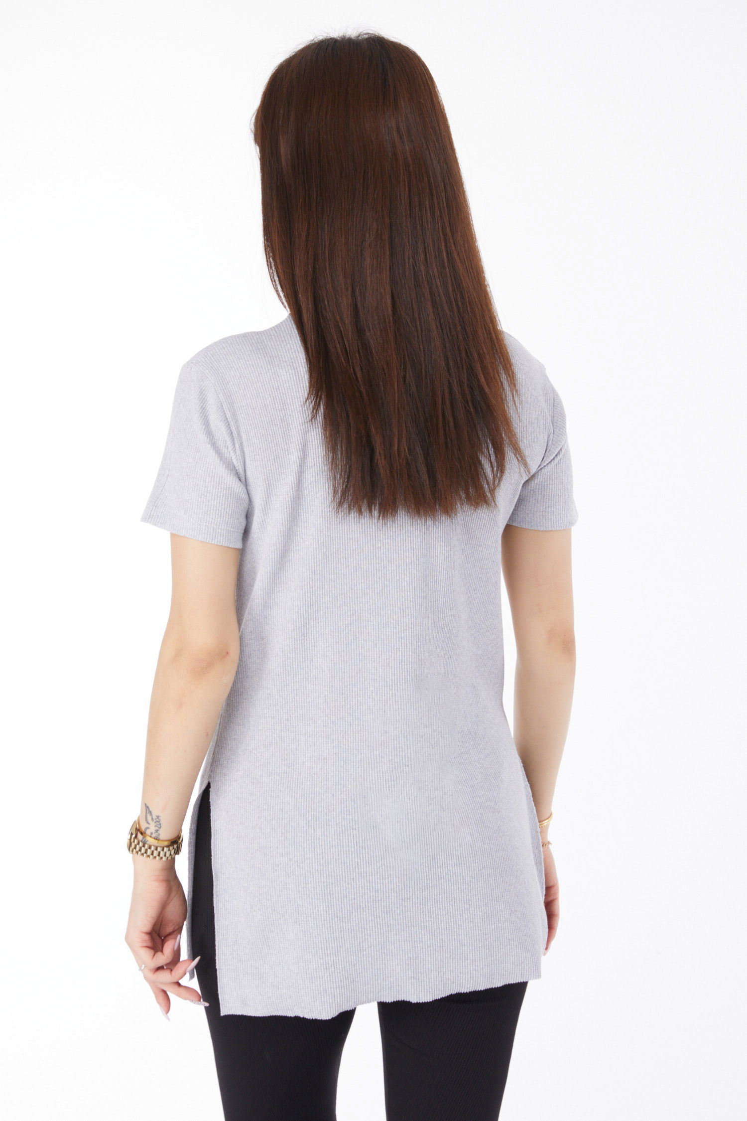 Düz Orta Kadın Gri Baskılı Yırtmaçlı T-shirt - 24792 - 5