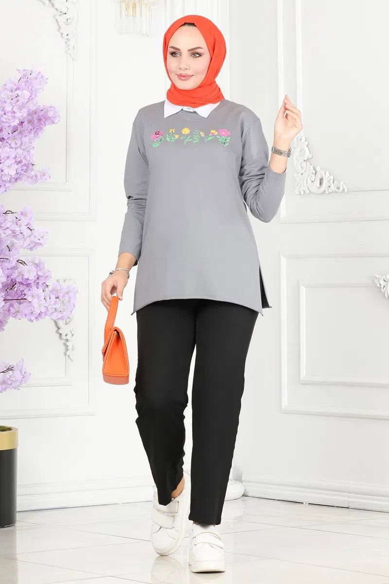 Düz Orta Kadın Gri Çiçek Baskılı Tunik - 26628 - 1