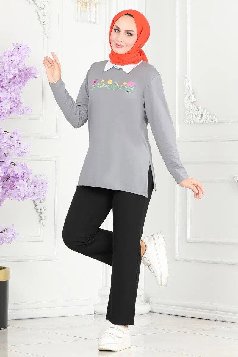 Düz Orta Kadın Gri Çiçek Baskılı Tunik - 26628 - 3