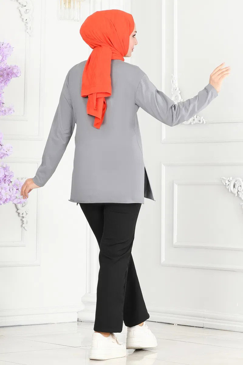 Düz Orta Kadın Gri Çiçek Baskılı Tunik - 26628 - 4