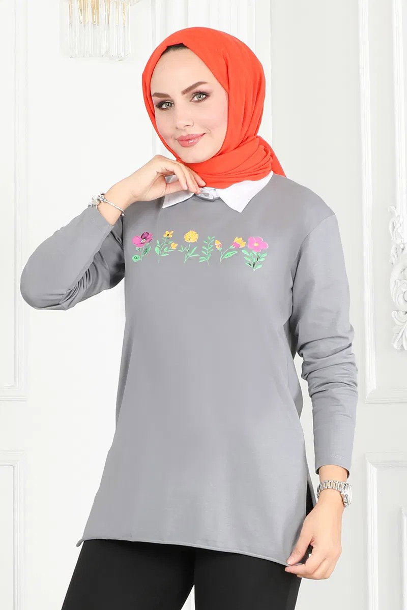 Düz Orta Kadın Gri Çiçek Baskılı Tunik - 26628 - 2