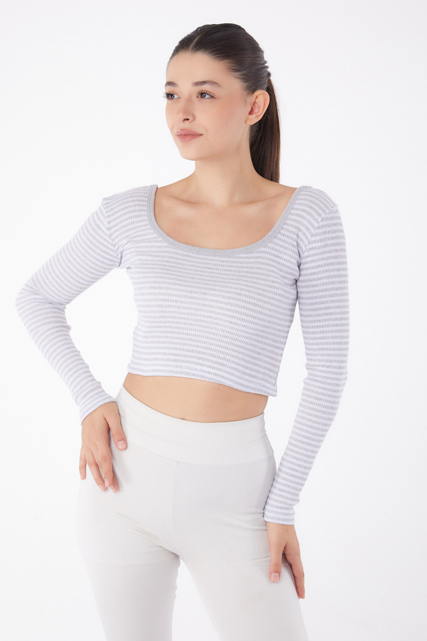 Çizgili Crop Gri - 26119 - 1