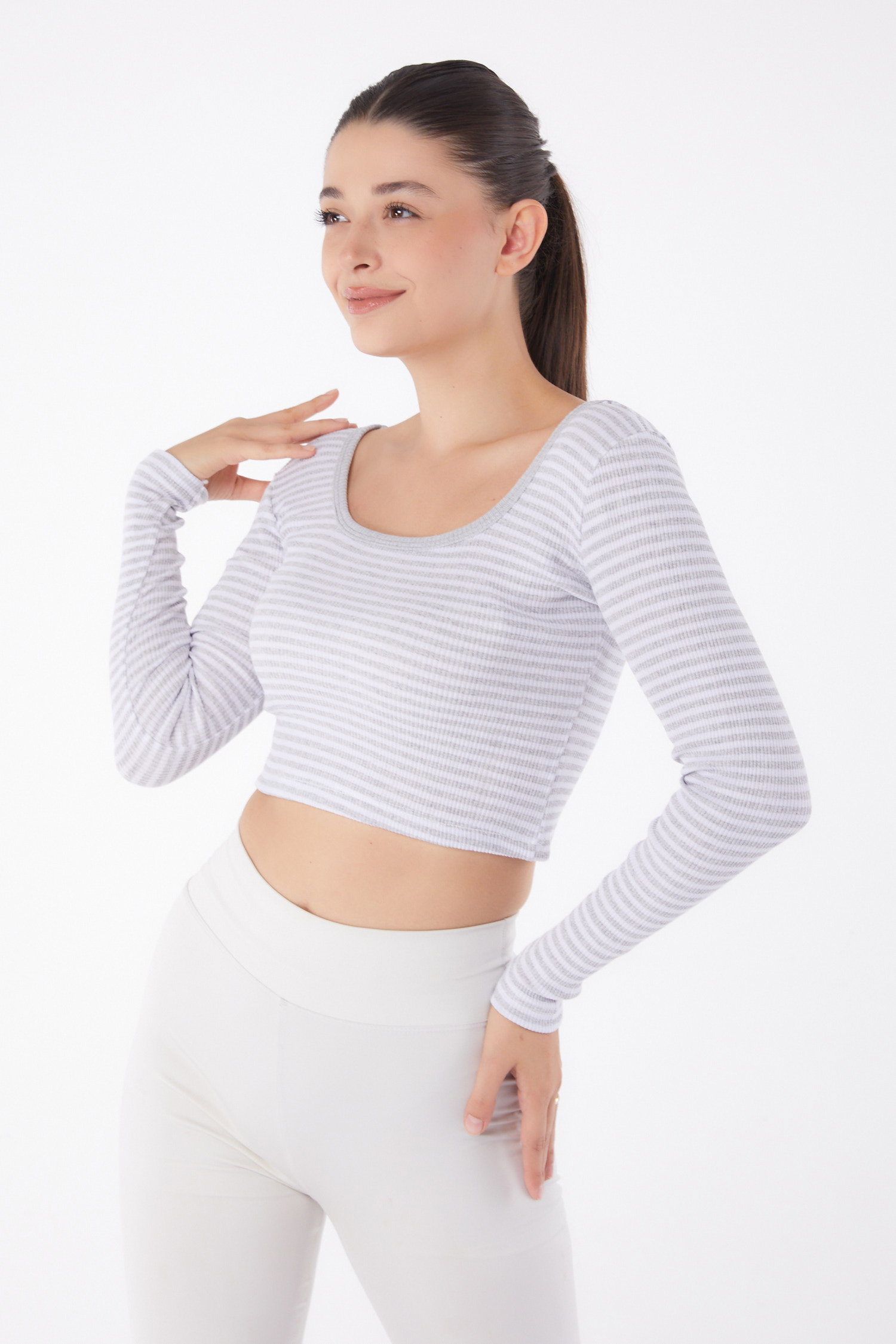 Çizgili Crop Gri - 26119 - 3