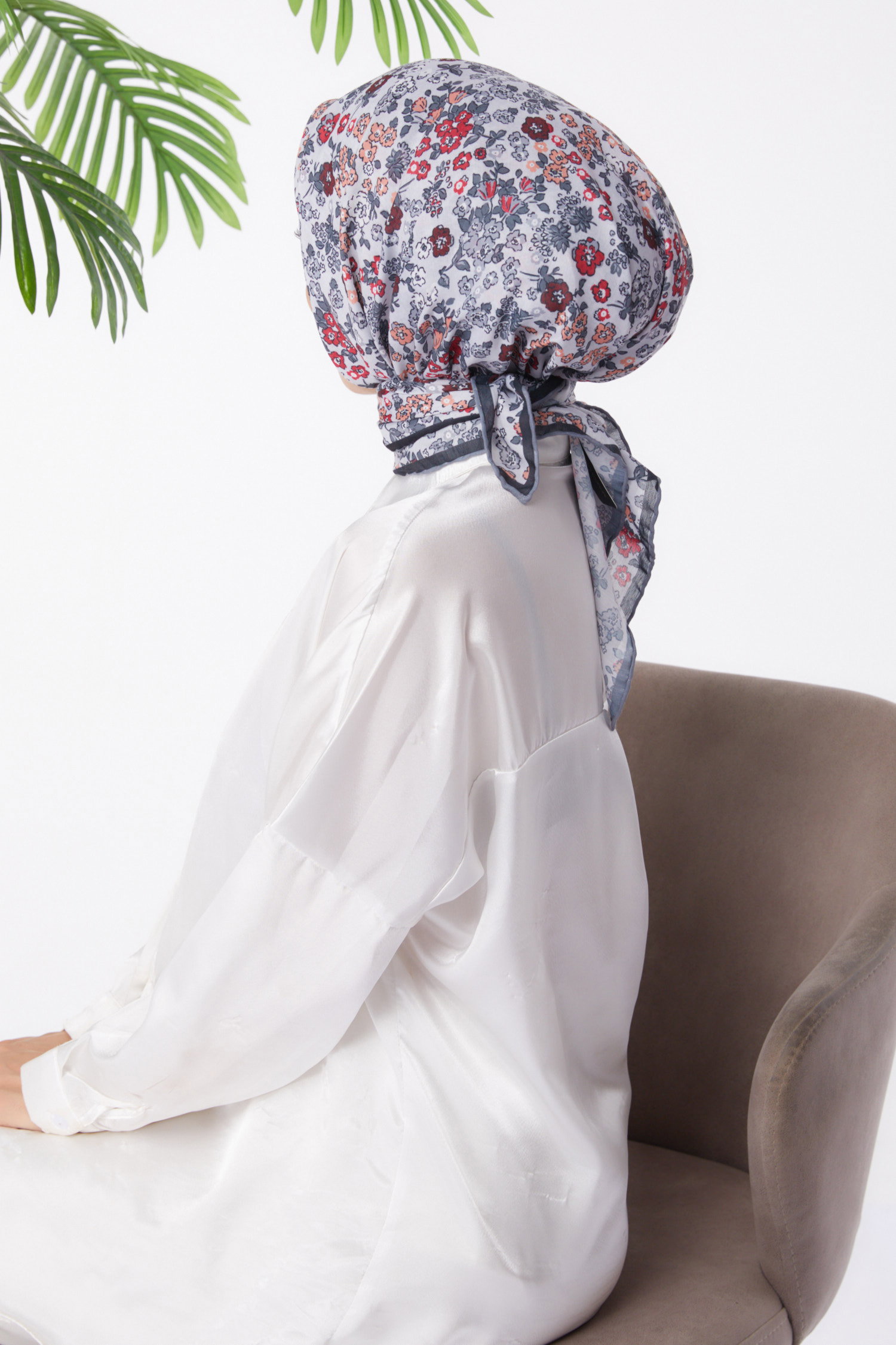 Düz Orta Kadın Gri Desenli Eşarp - 25977 - 5
