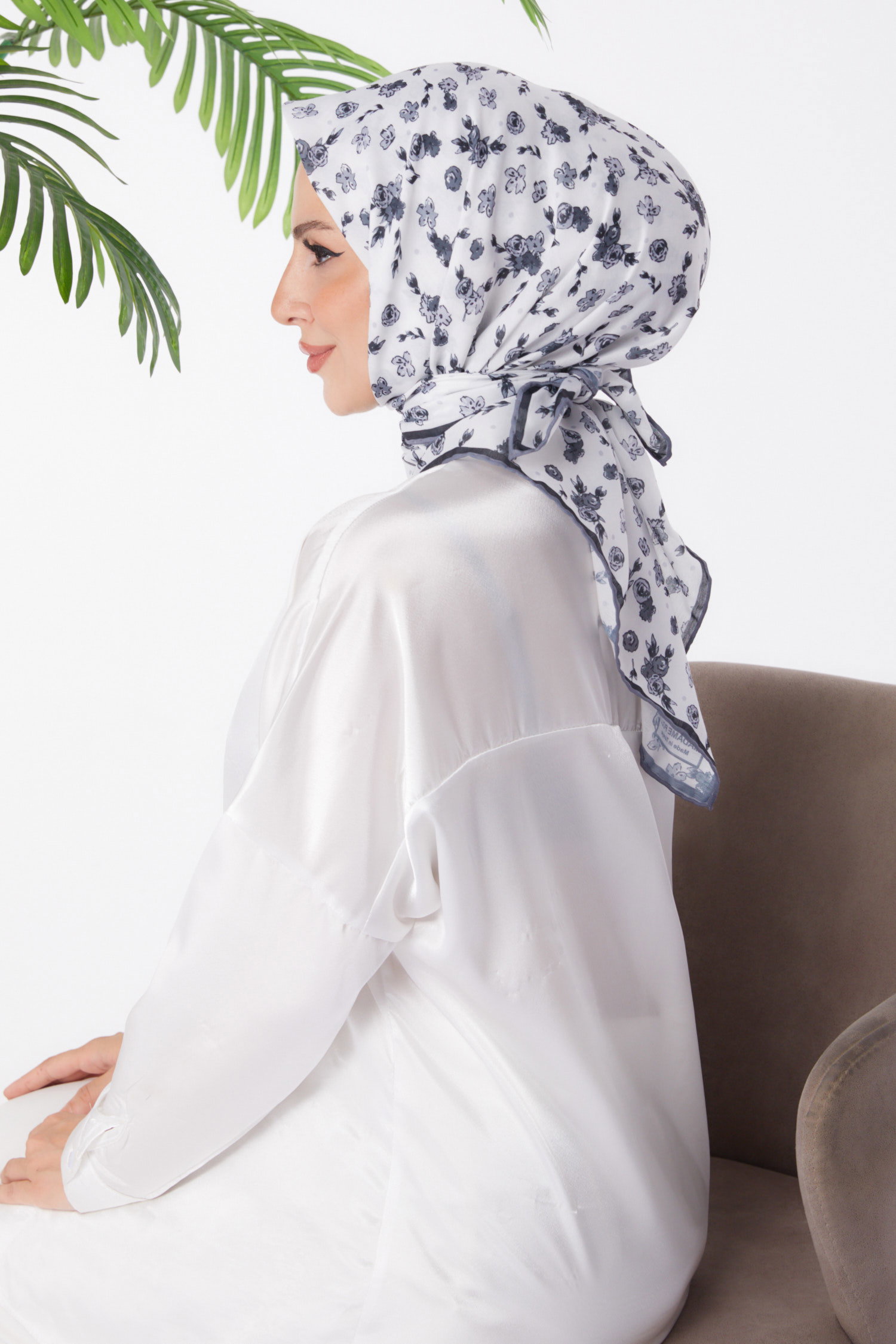 Düz Orta Kadın Gri Desenli Eşarp - 25978 - 2