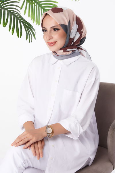 Düz Orta Kadın Gri Desenli Eşarp - 26158 