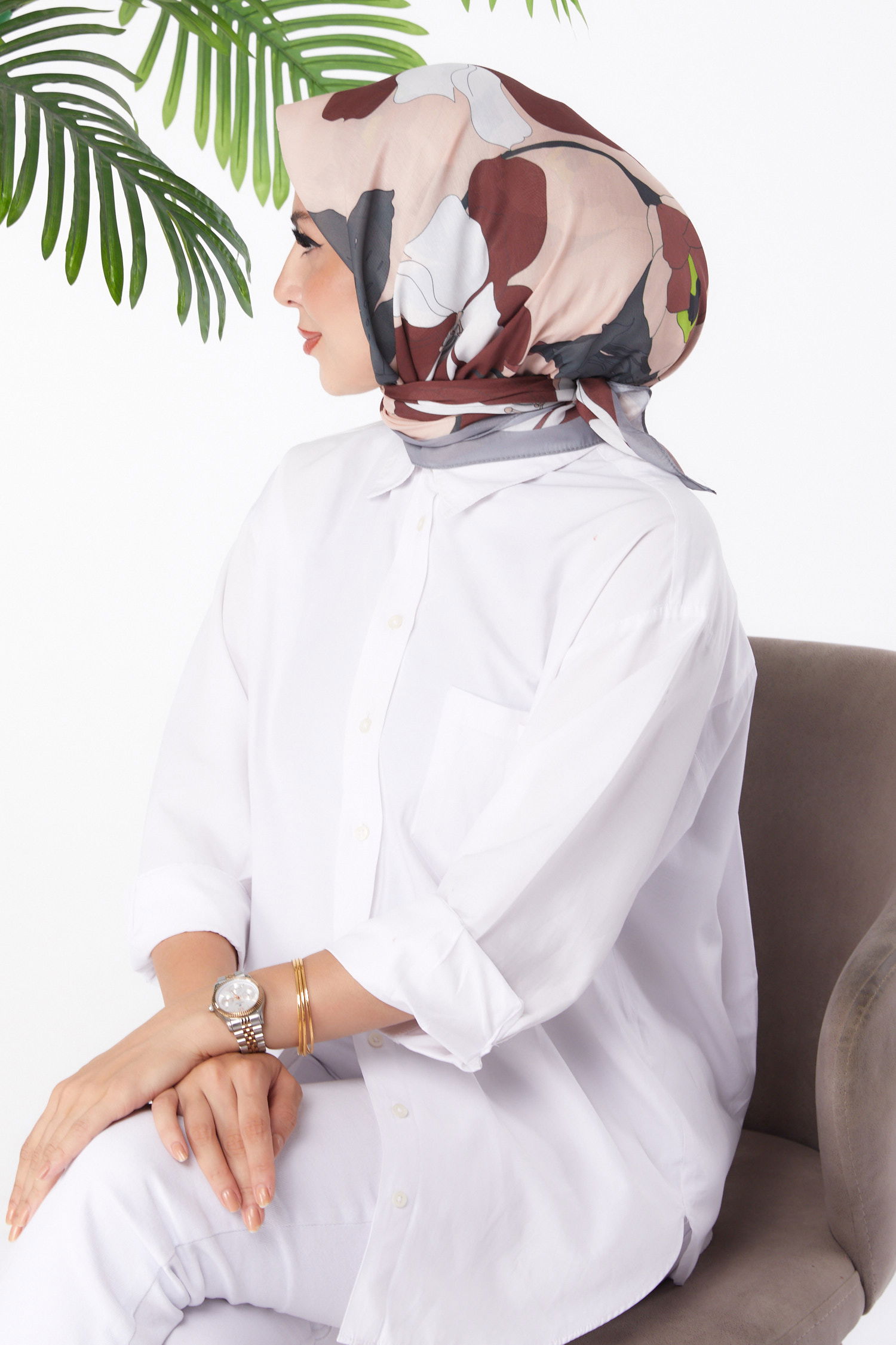 Düz Orta Kadın Gri Desenli Eşarp - 26158 - 3