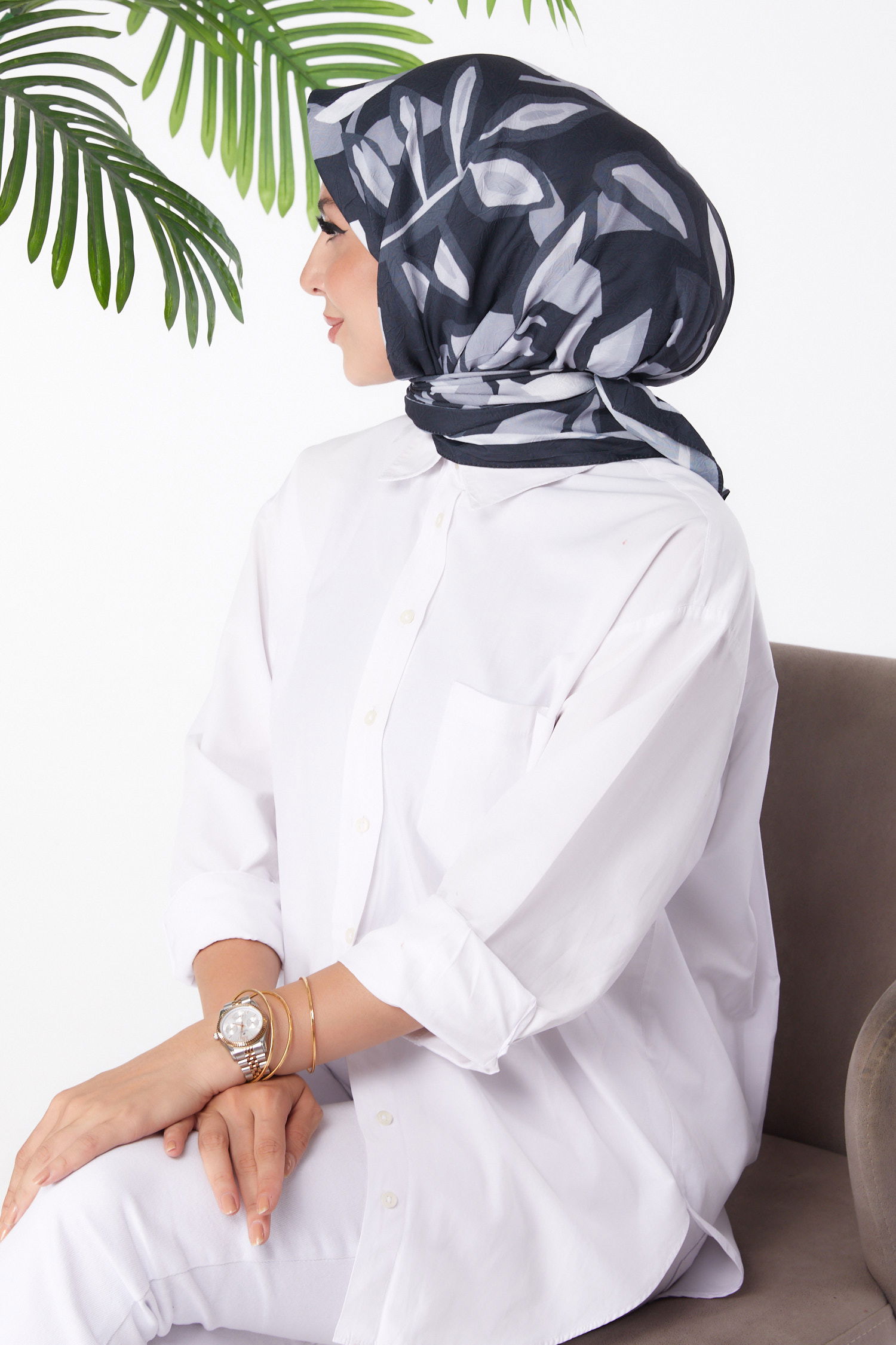 Düz Orta Kadın Gri Desenli Eşarp - 26159 - 3