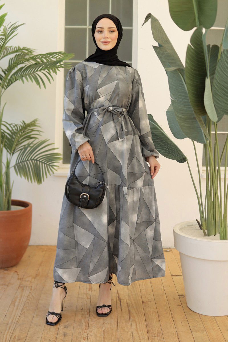 Desenli Kolu Büzgülü Elbise Gri - 26620 - 1