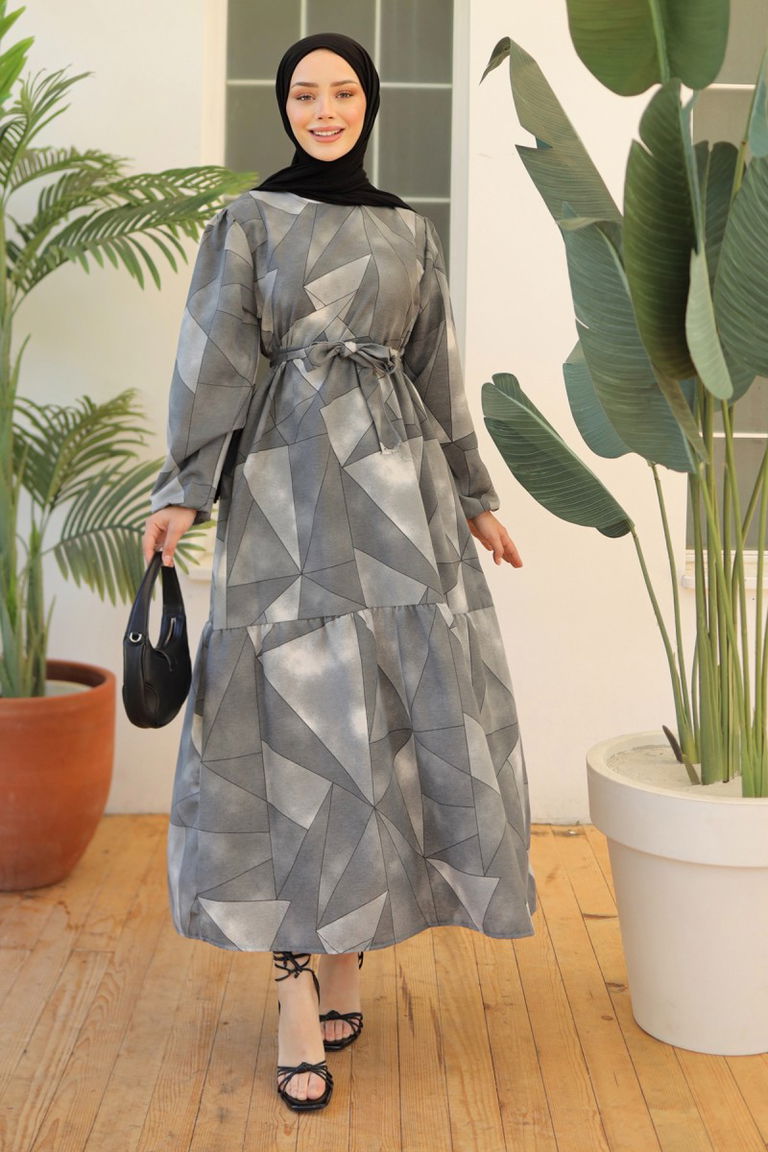 Desenli Kolu Büzgülü Elbise Gri - 26620 - TOFİSA