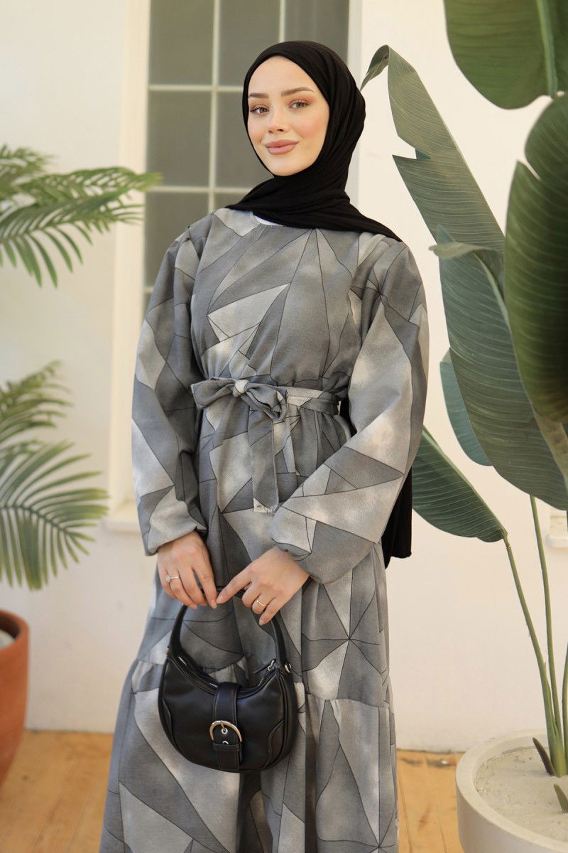 Desenli Kolu Büzgülü Elbise Gri - 26620 - 3