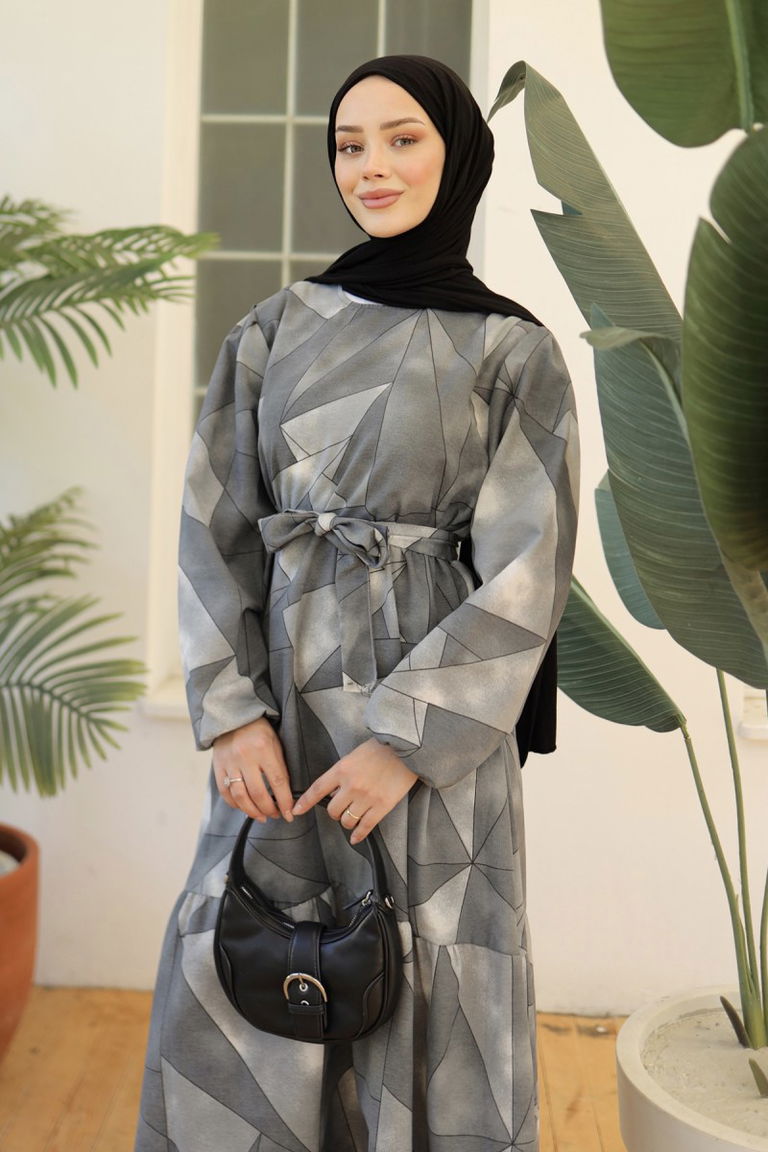 Desenli Kolu Büzgülü Elbise Gri - 26620 - TOFİSA