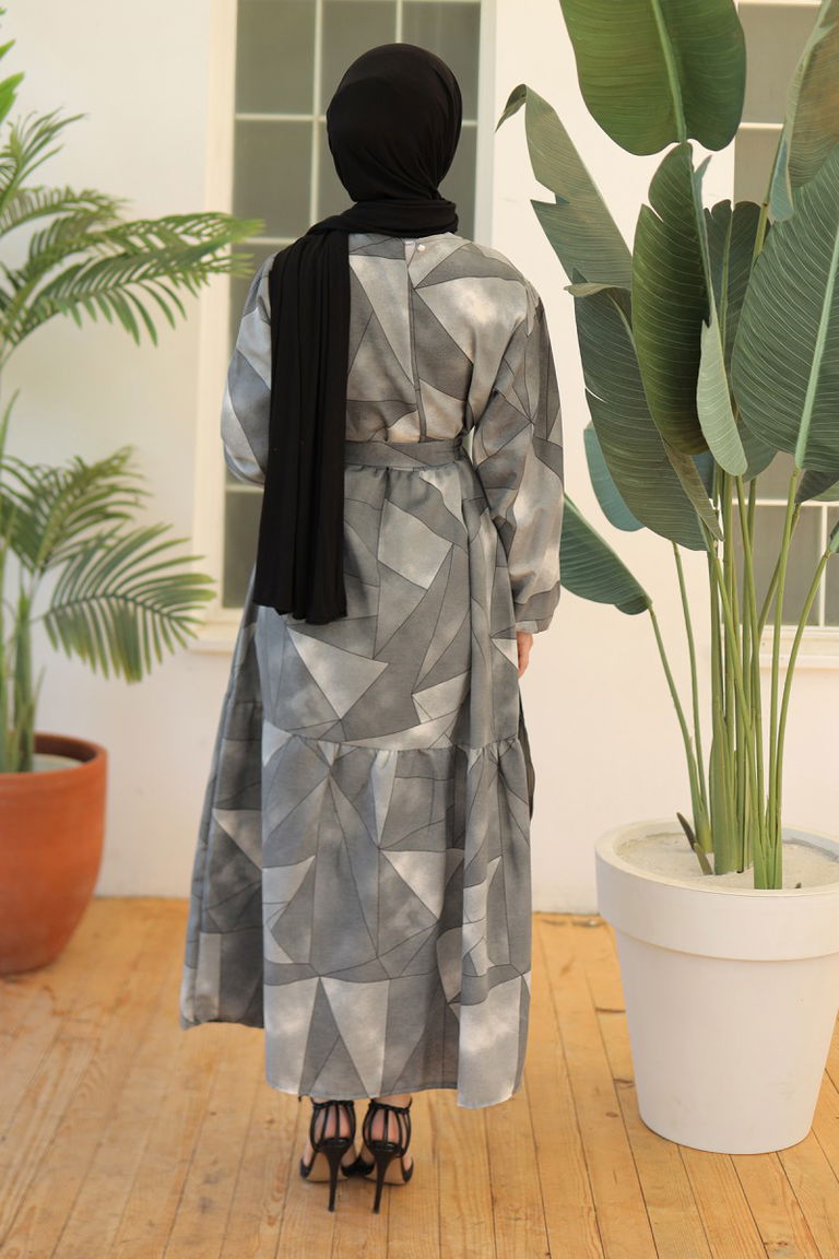 Desenli Kolu Büzgülü Elbise Gri - 26620 - TOFİSA