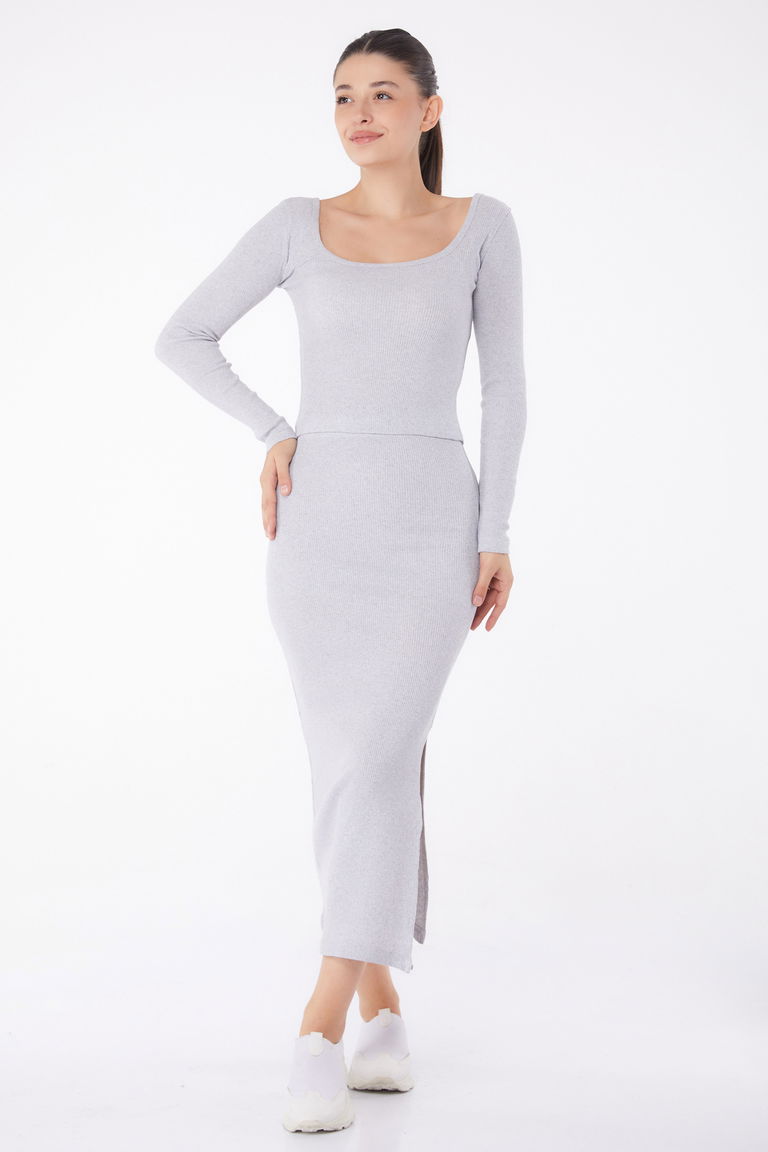 Düz Orta Kadın Gri Havuz Yaka İkili Takım - 26123 - TOFİSA