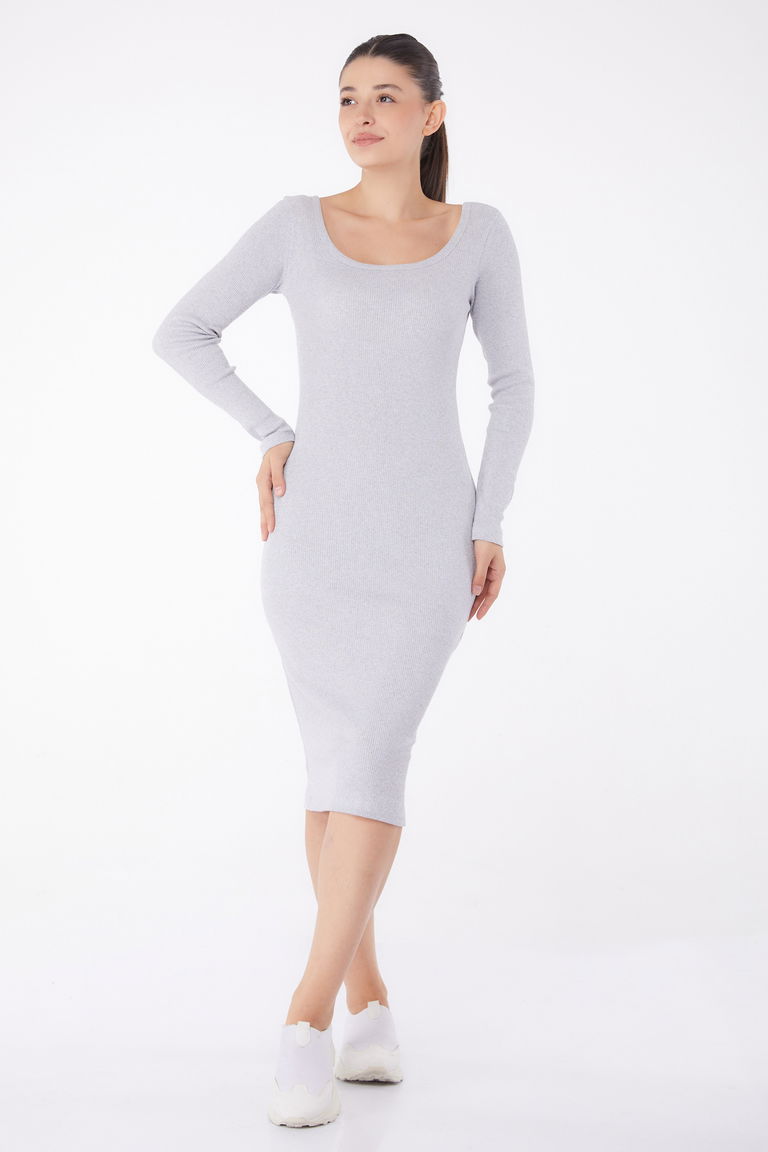 Havuz Yaka Midi Elbise Gri - 26125 - TOFİSA