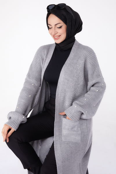 Düz Orta Kadın Gri İncili Triko Hırka - 26453 