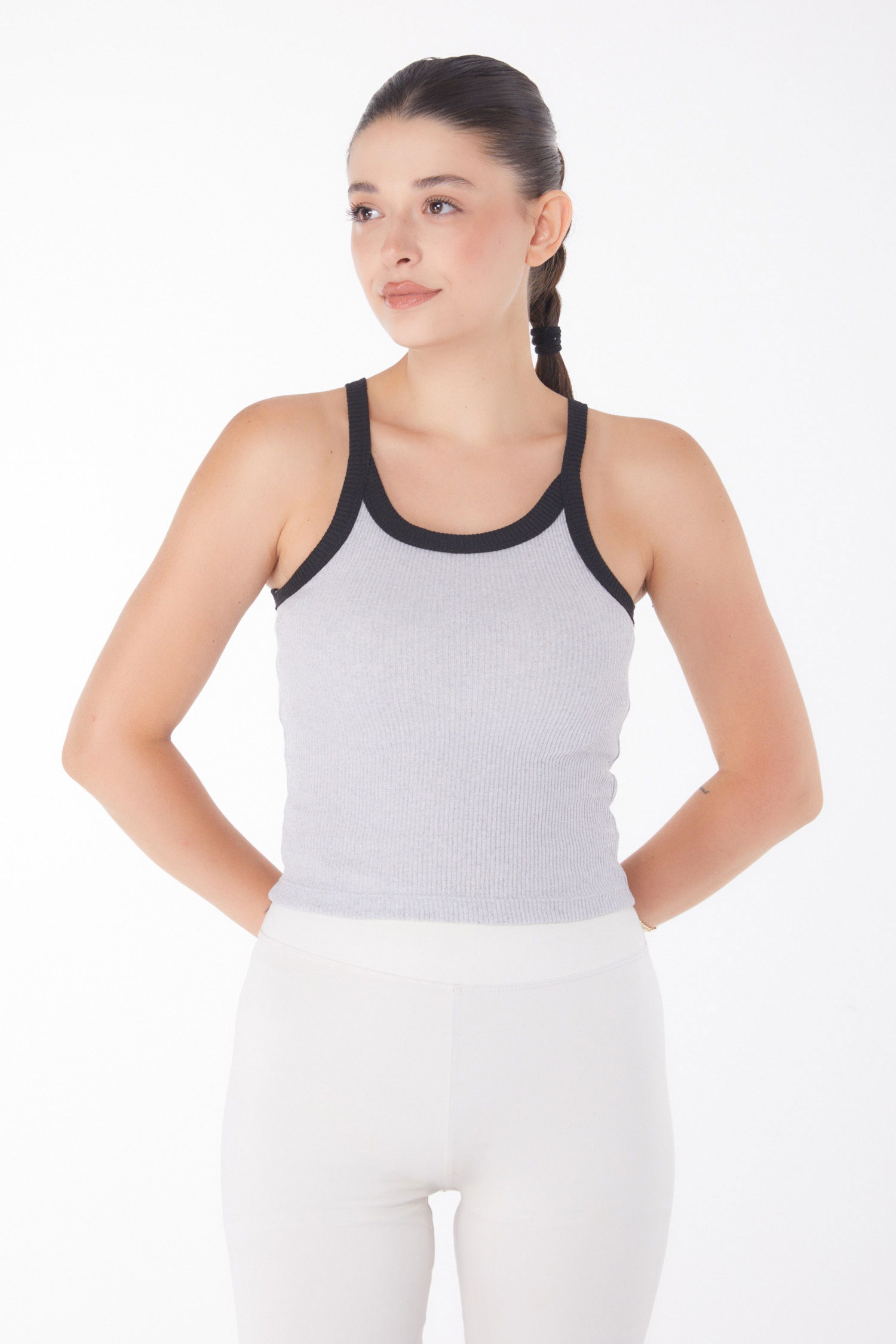 Düz Orta Kadın Gri Kalın Askılı Crop - 25957 - 2